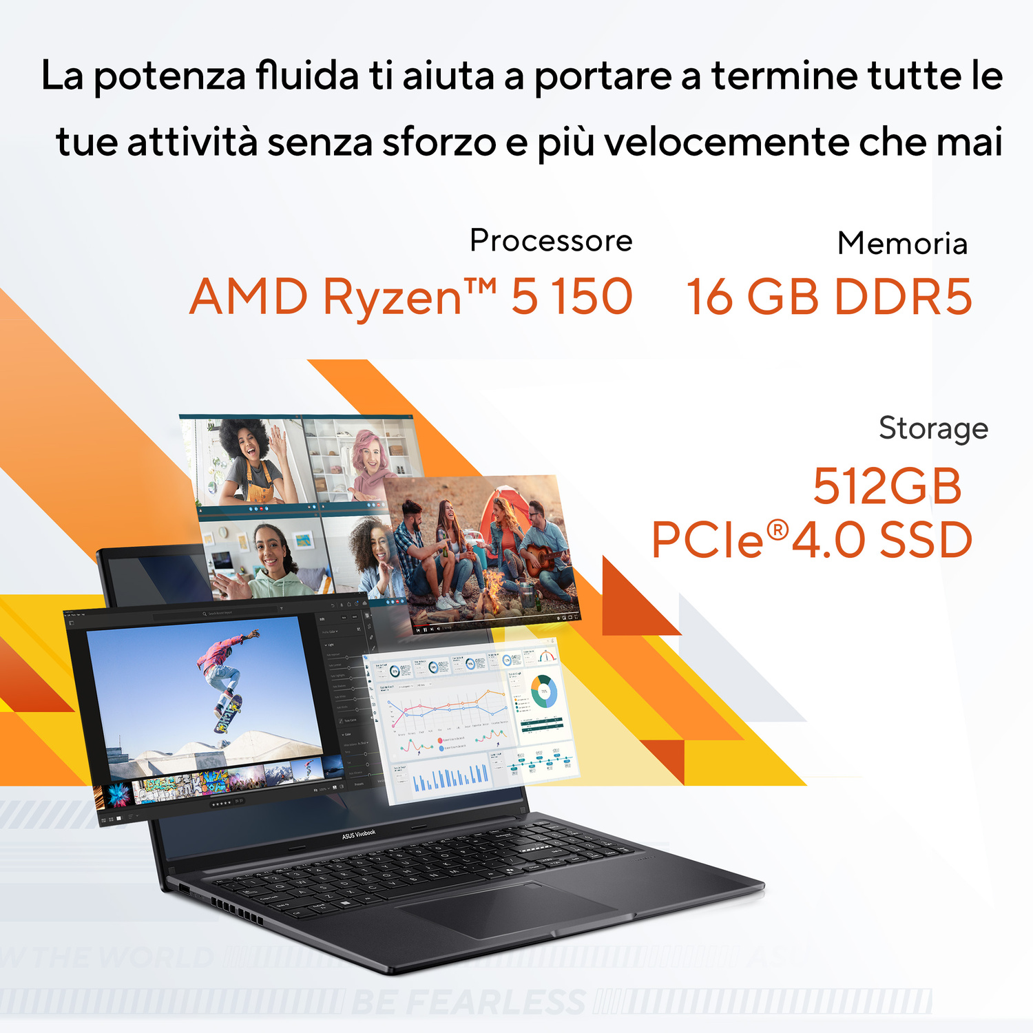 Laptop con AMD Ryzen 5 150, 16 GB DDR5 RAM e SSD da 512 GB.