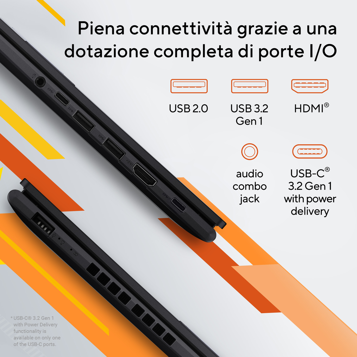 Primo piano delle porte del laptop: USB 2.0, USB 3.2 Gen 1, HDMI, jack audio, USB-C.