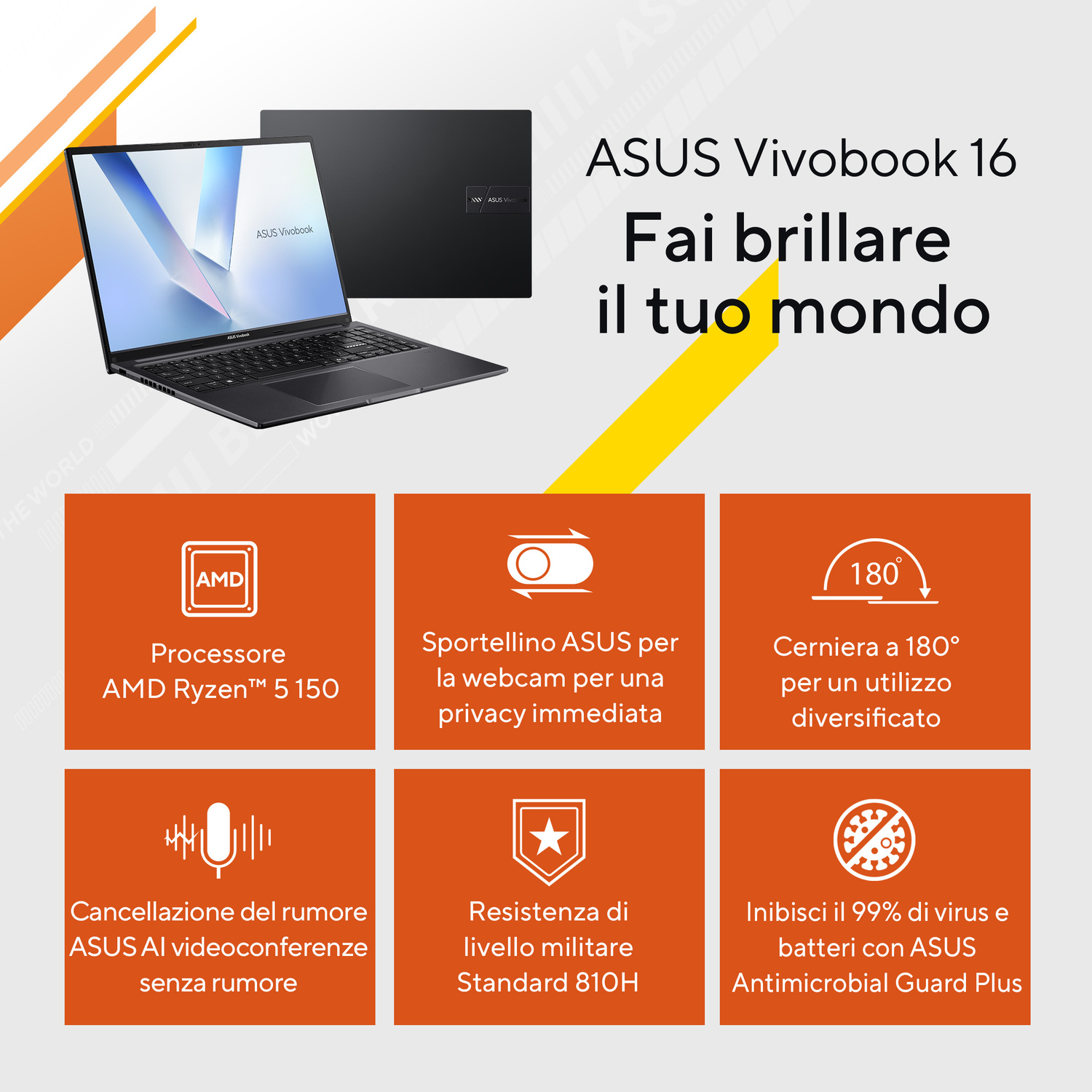 Laptop ASUS Vivobook 16 con processore AMD Ryzen 5 150, cerniera a 180° e copri webcam.