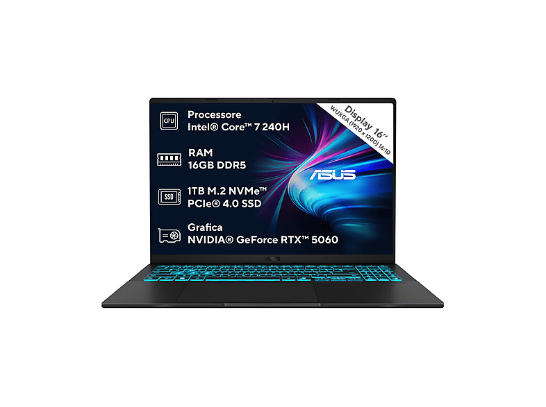 ASUS V16 V3607 Notebook Gaming, 16 ", processore Intel® Core 7 240H, NVIDIA GeForce RTX™ 5060, RAM GB, 1000 GB SSD, Black, Windows 11 Home