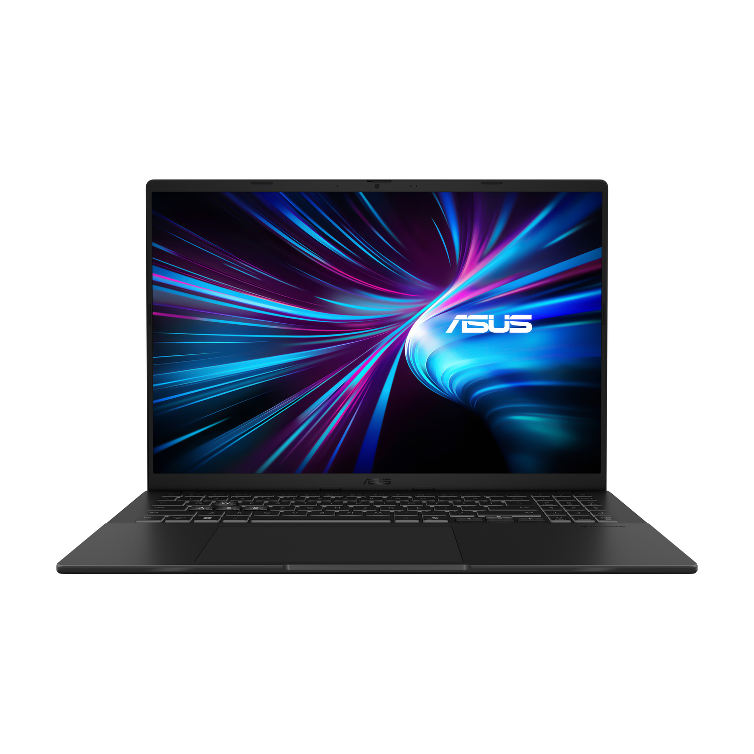 Laptop nero con uno sfondo astratto e vibrante sullo schermo.