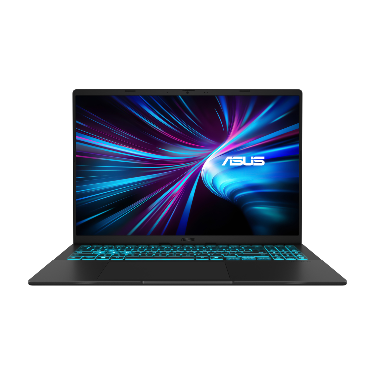 Un laptop nero con tastiera blu illuminata e logo Asus sullo schermo.
