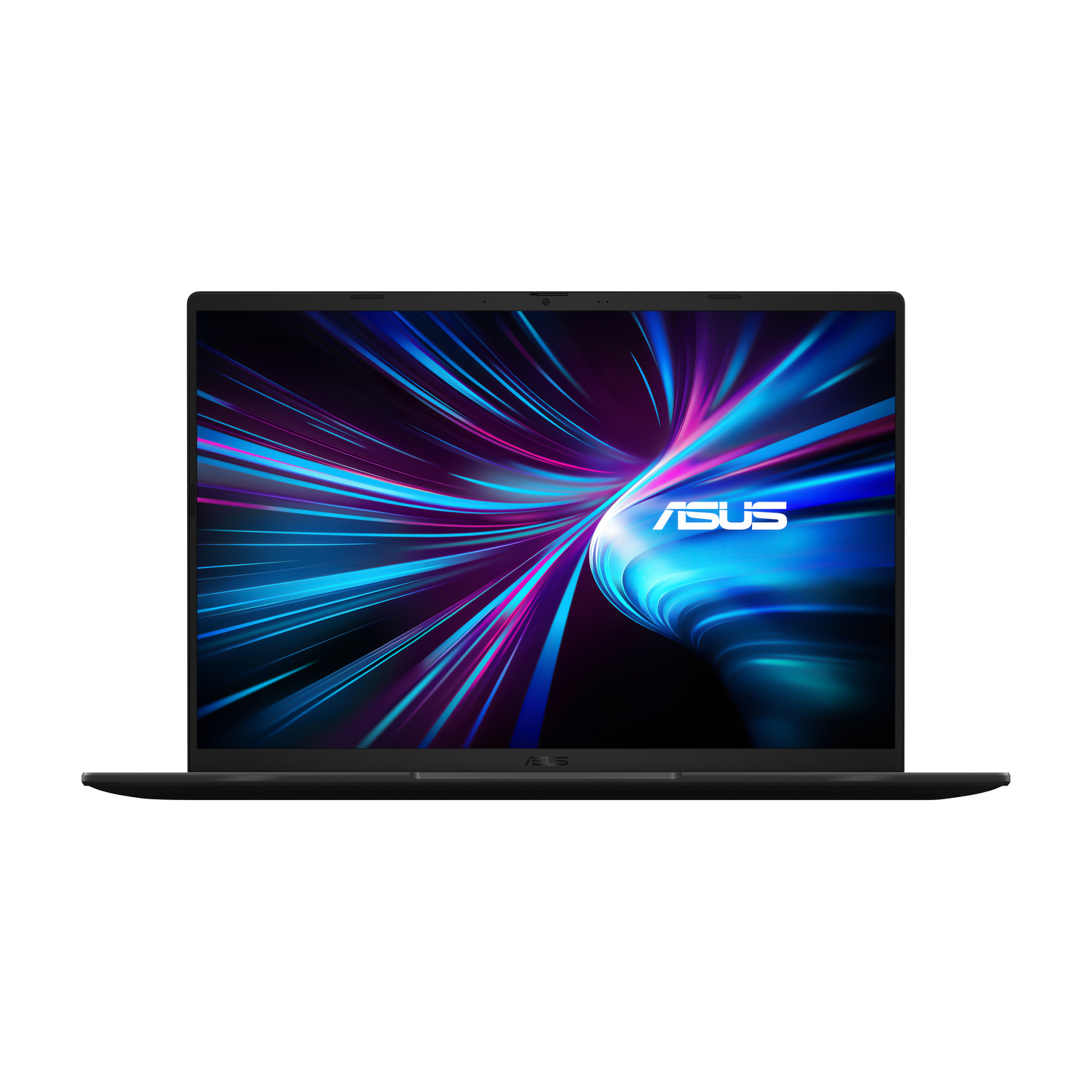 Un laptop nero visualizza uno sfondo astratto e colorato sullo schermo.