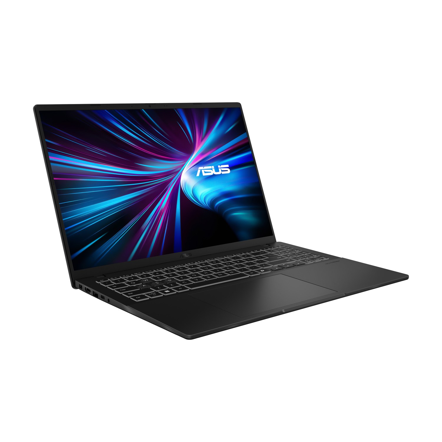 Un laptop Asus nero con uno sfondo colorato sullo schermo.