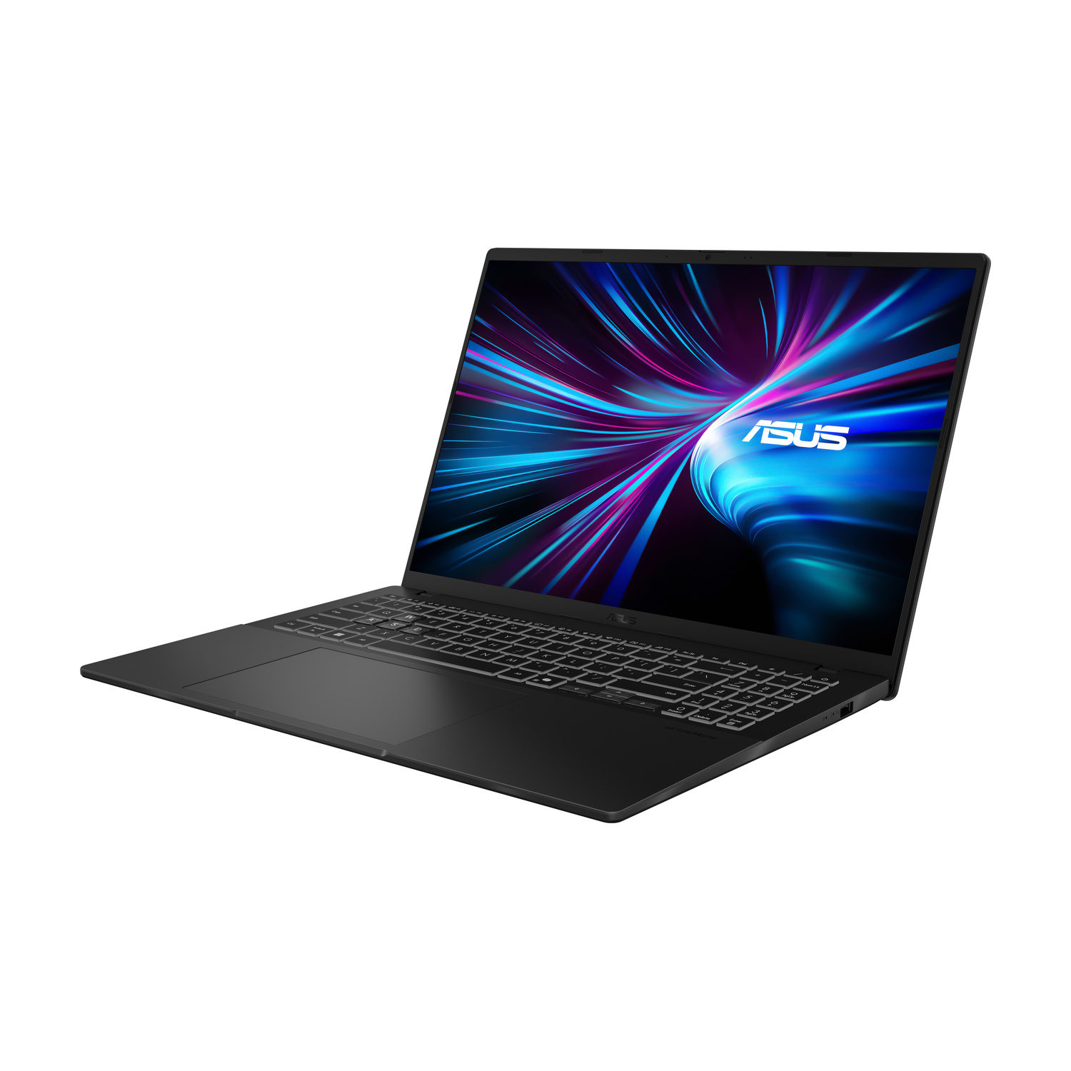 Un laptop Asus nero con uno sfondo astratto e colorato sullo schermo.