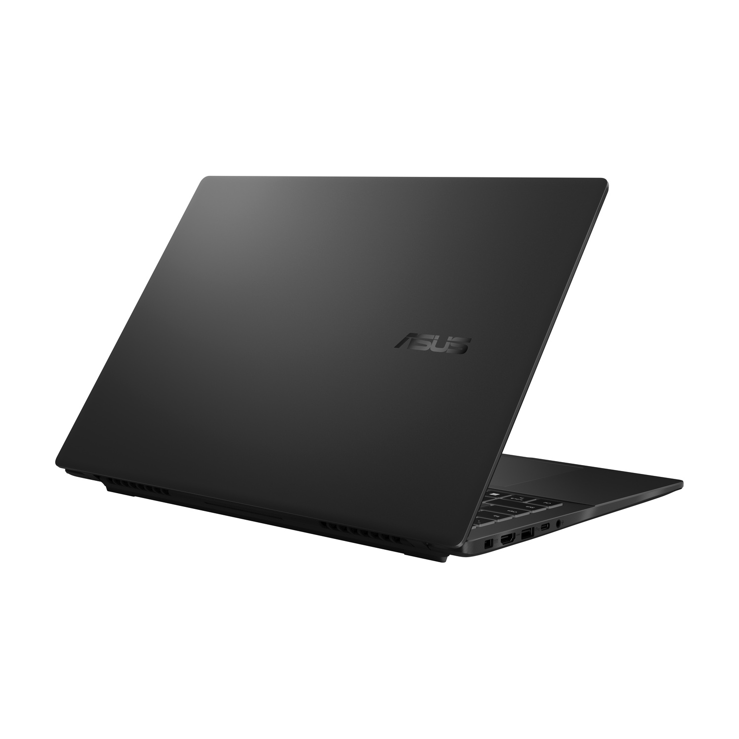 Laptop Asus nero, vista posteriore con logo, aperto, su sfondo bianco.