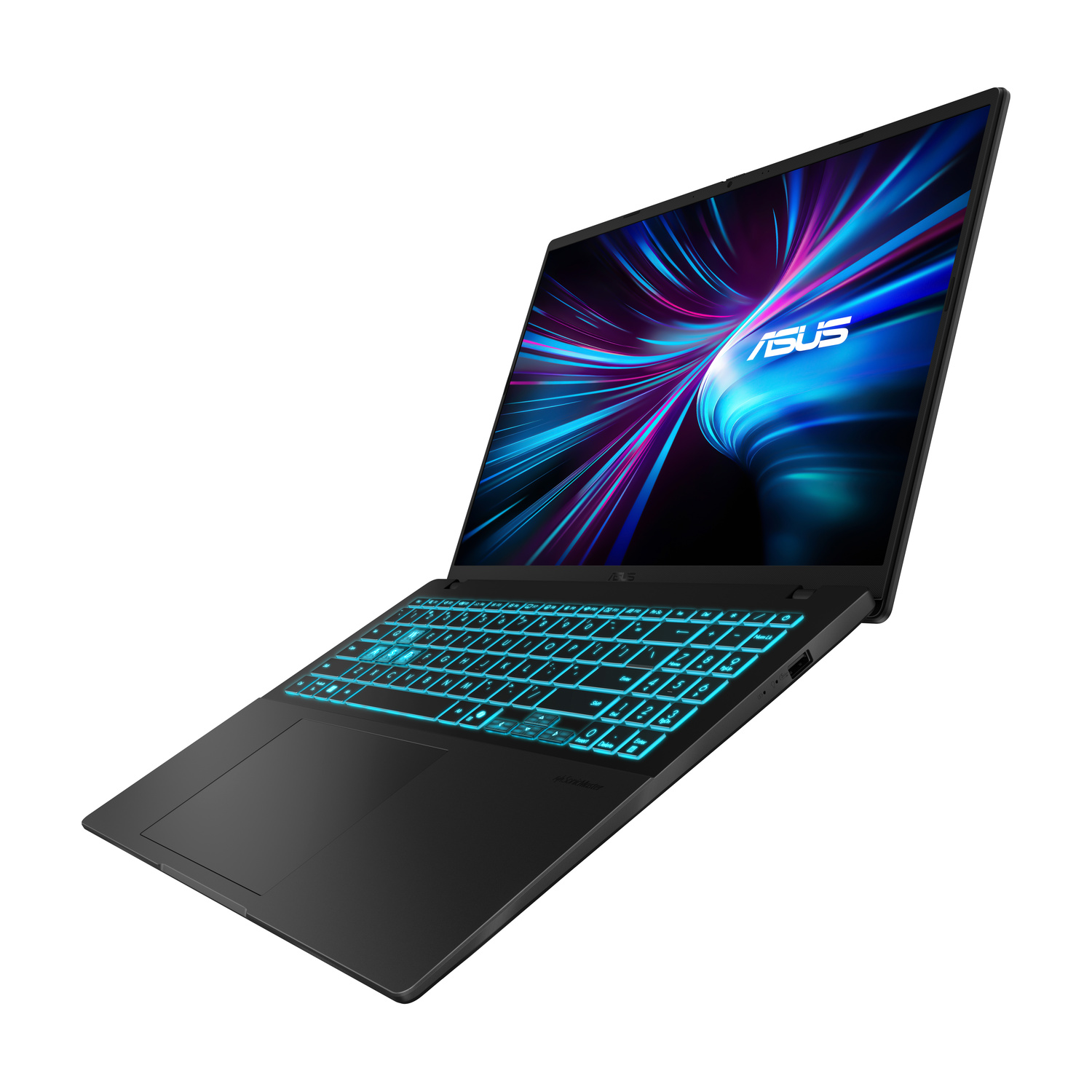 Laptop nero con tastiera blu luminosa e logo ASUS sullo schermo.
