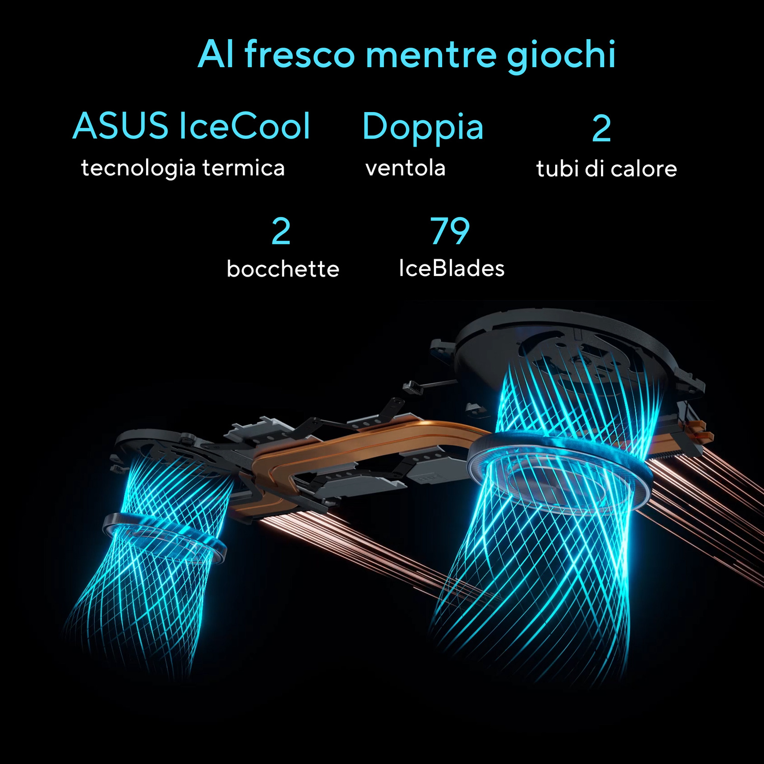 Tecnologia ASUS IceCool: 2 ventole, 2 tubi di calore, 79 IceBlades.