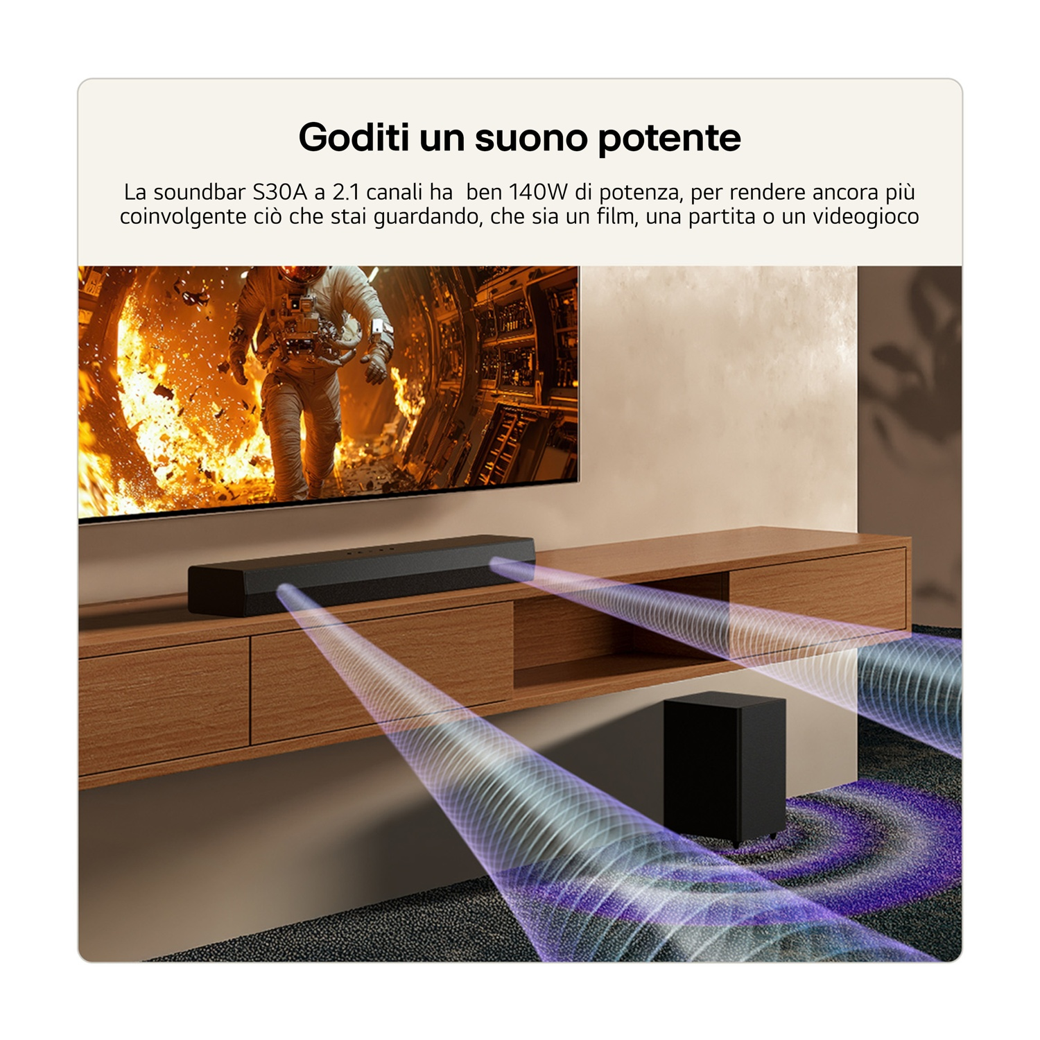 Astronauta in astronave prima di un'esplosione, soundbar e subwoofer con onde sonore.
