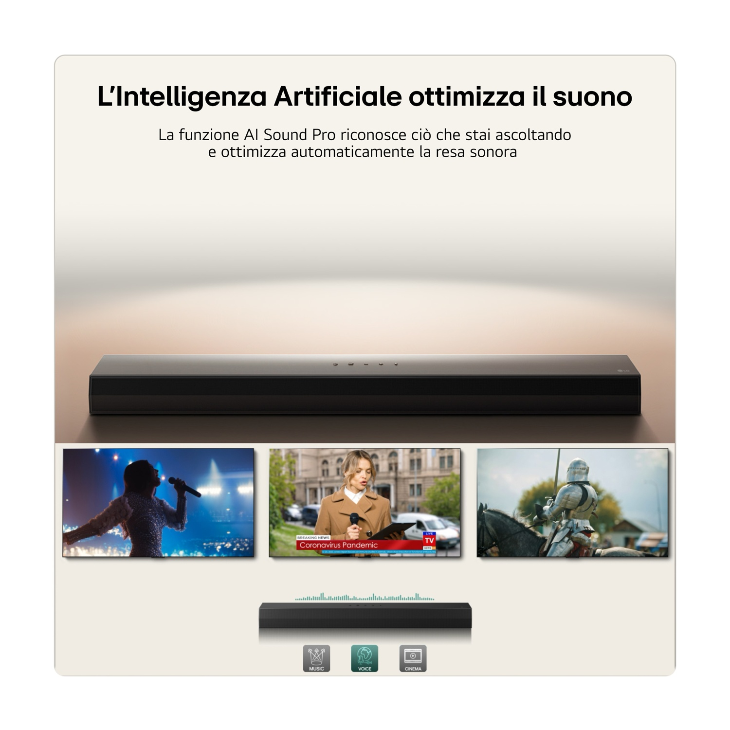 Una soundbar sopra tre schermi: cantante, presentatrice, cavaliere a cavallo.