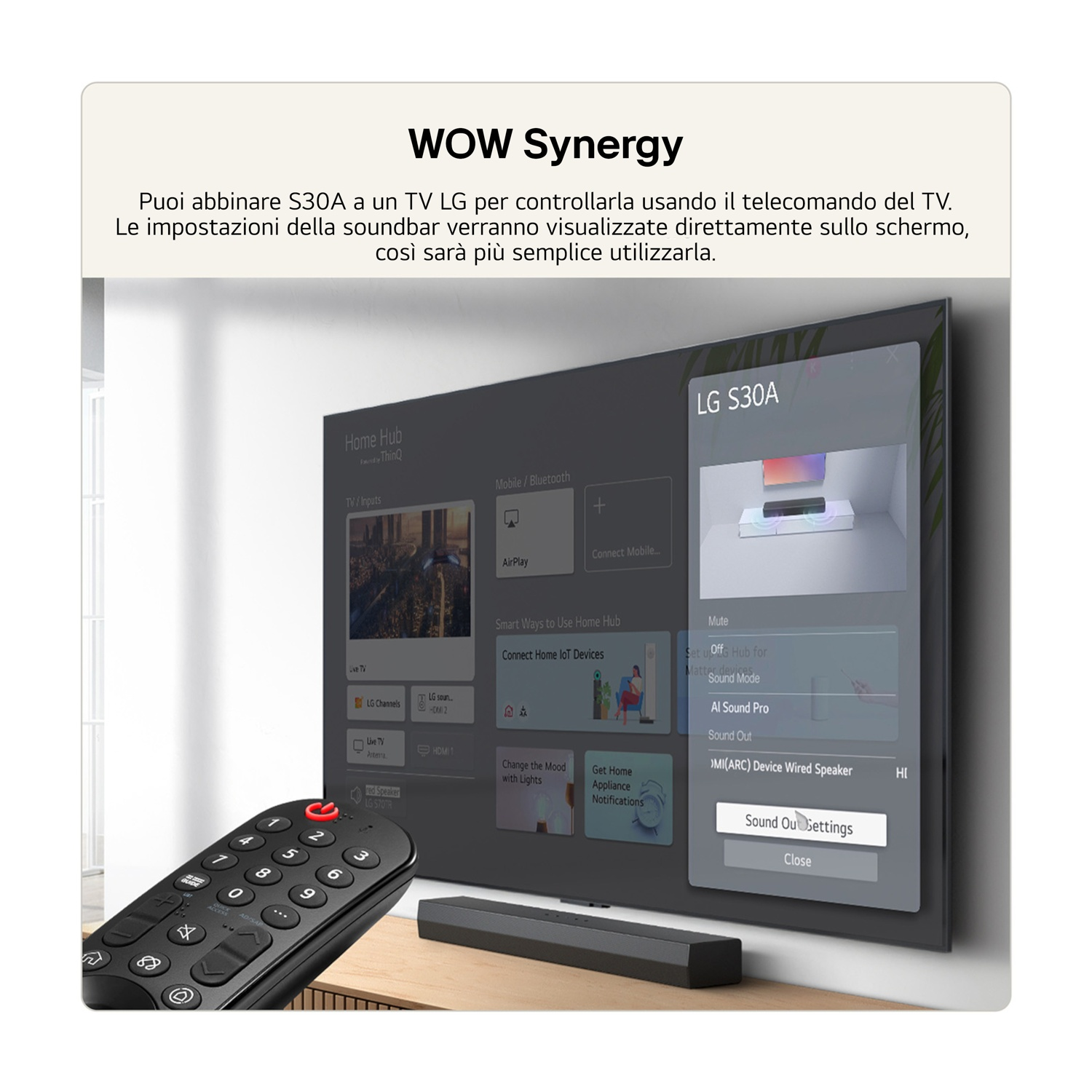 Un TV LG con telecomando mostra le impostazioni della soundbar S30A.