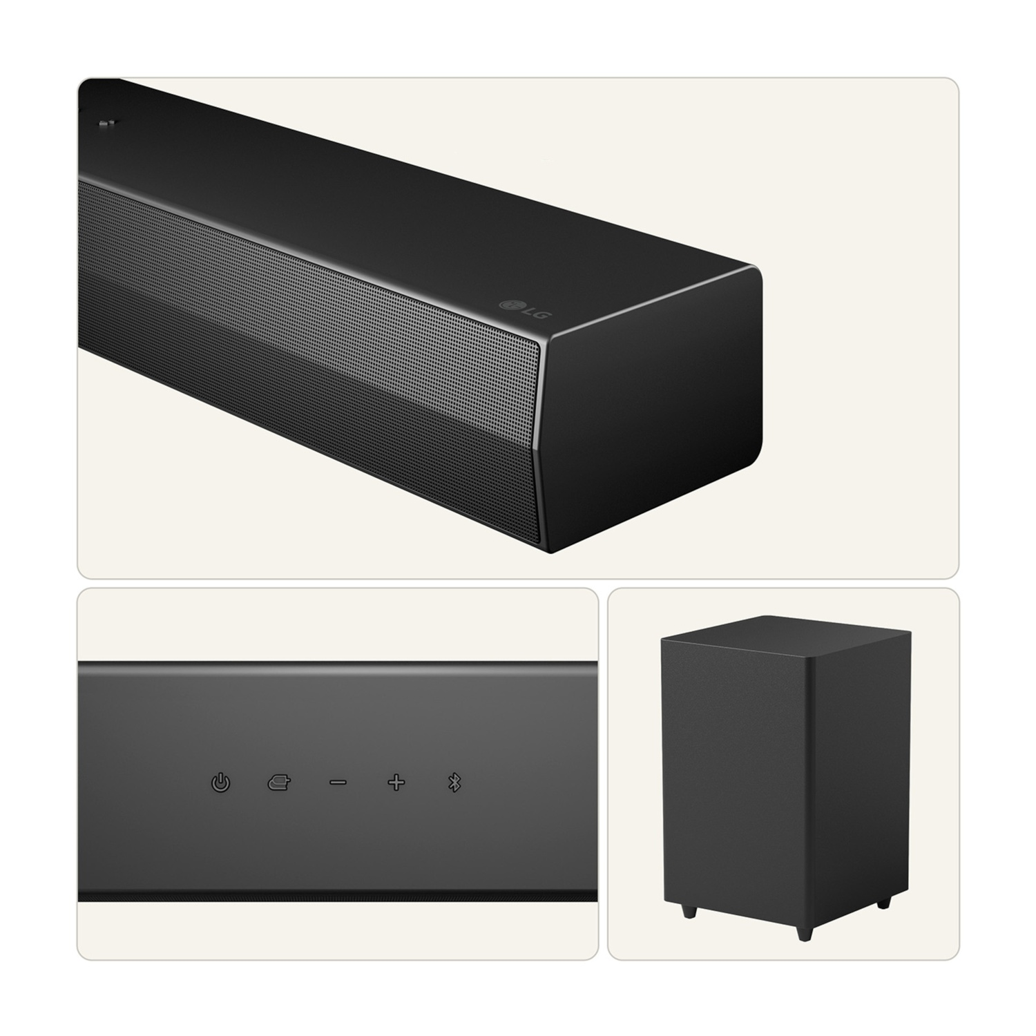 Soundbar LG nero con subwoofer. Pulsanti: Accensione, Sorgente, Meno, Più, Bluetooth.