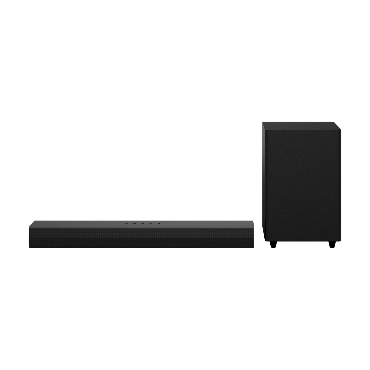Soundbar e subwoofer neri uno accanto all'altro su sfondo bianco.