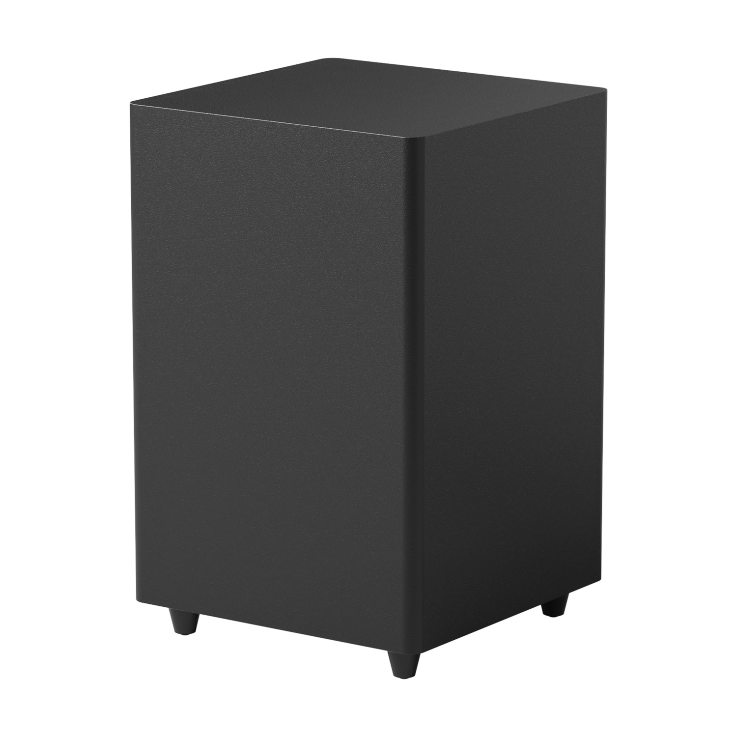 Un subwoofer nero rettangolare si trova su quattro piedini su sfondo bianco.