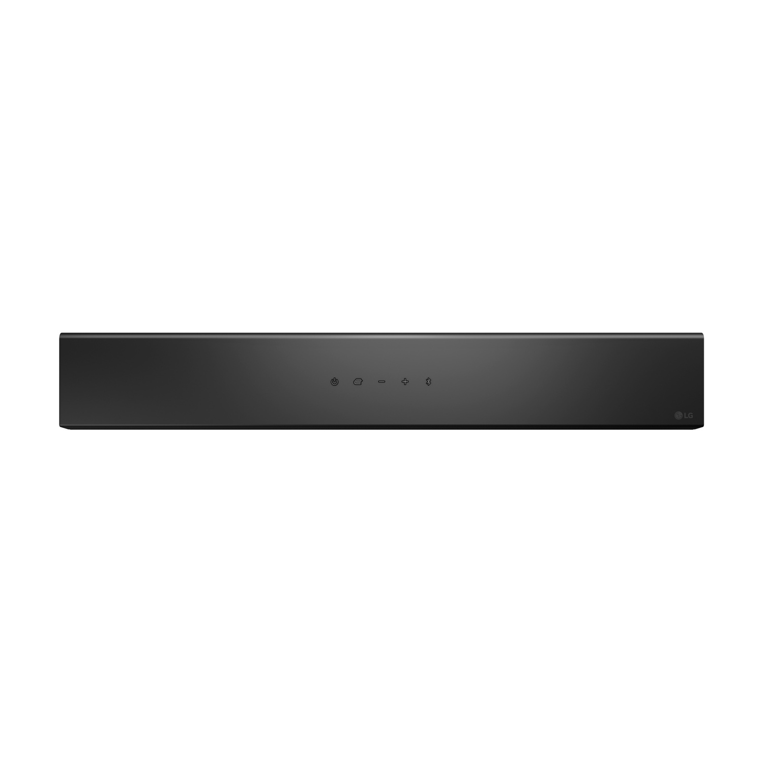 Soundbar LG nera con pulsanti di controllo e logo.