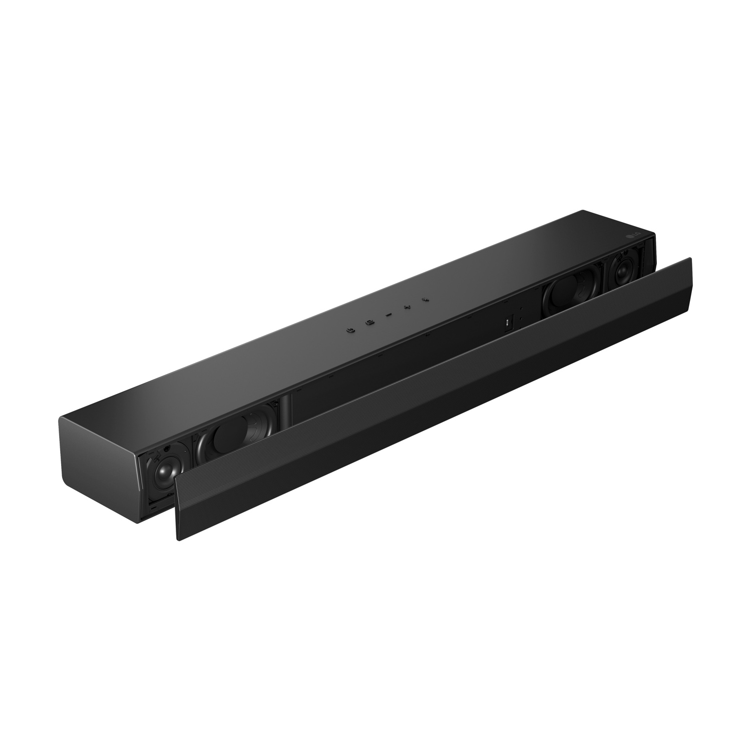 Soundbar LG nera con copertura anteriore rimovibile che mostra gli altoparlanti.
