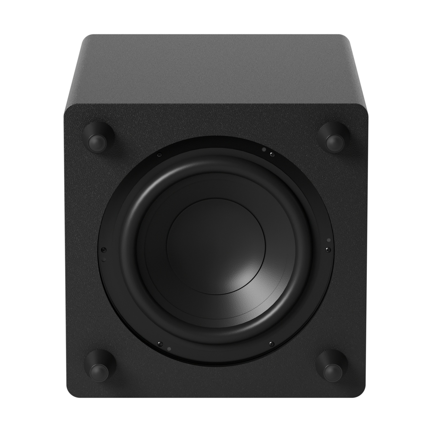 Subwoofer nero con altoparlante rotondo e quattro piedini su sfondo bianco.