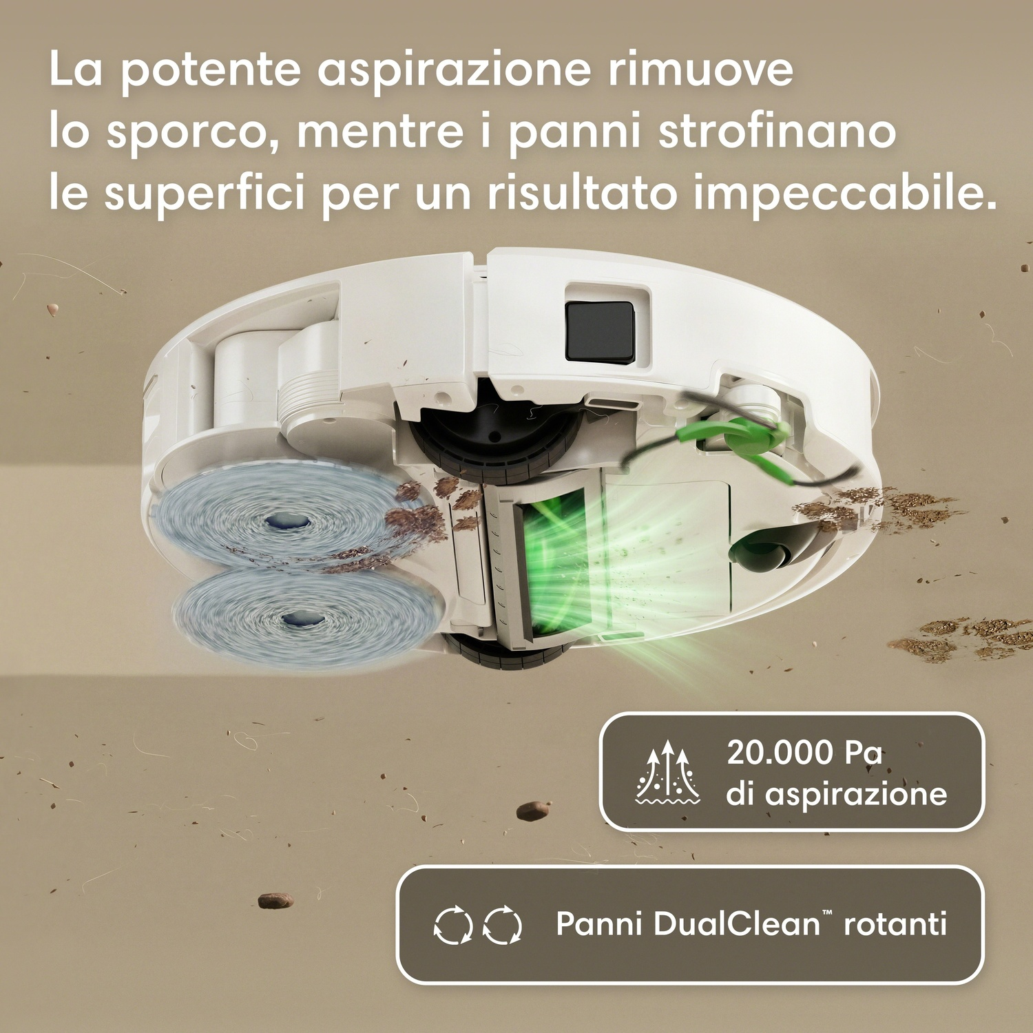 Un robot aspirapolvere bianco con panni rotanti pulisce un pavimento sporco.