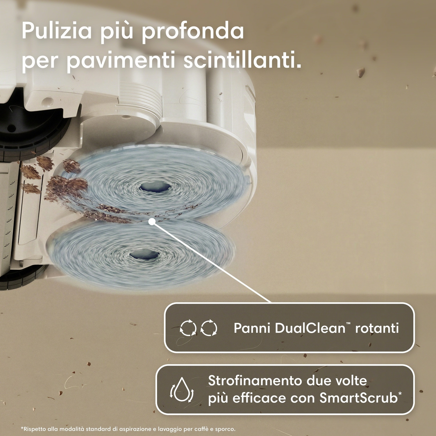 Dispositivo di pulizia con panni DualClean™ rotanti e SmartScrub.