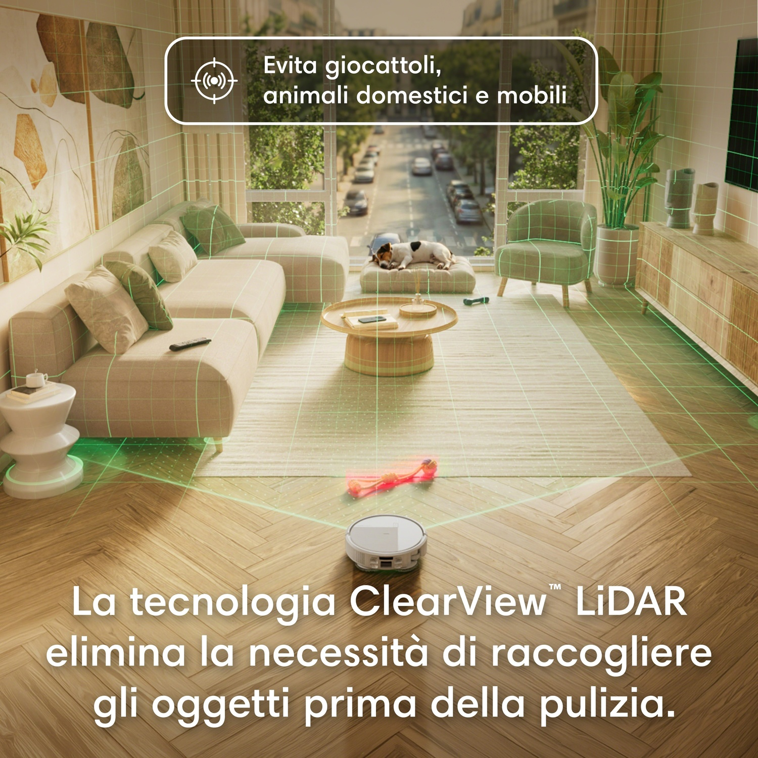 Un robot aspirapolvere naviga in un soggiorno con cane e mobili.