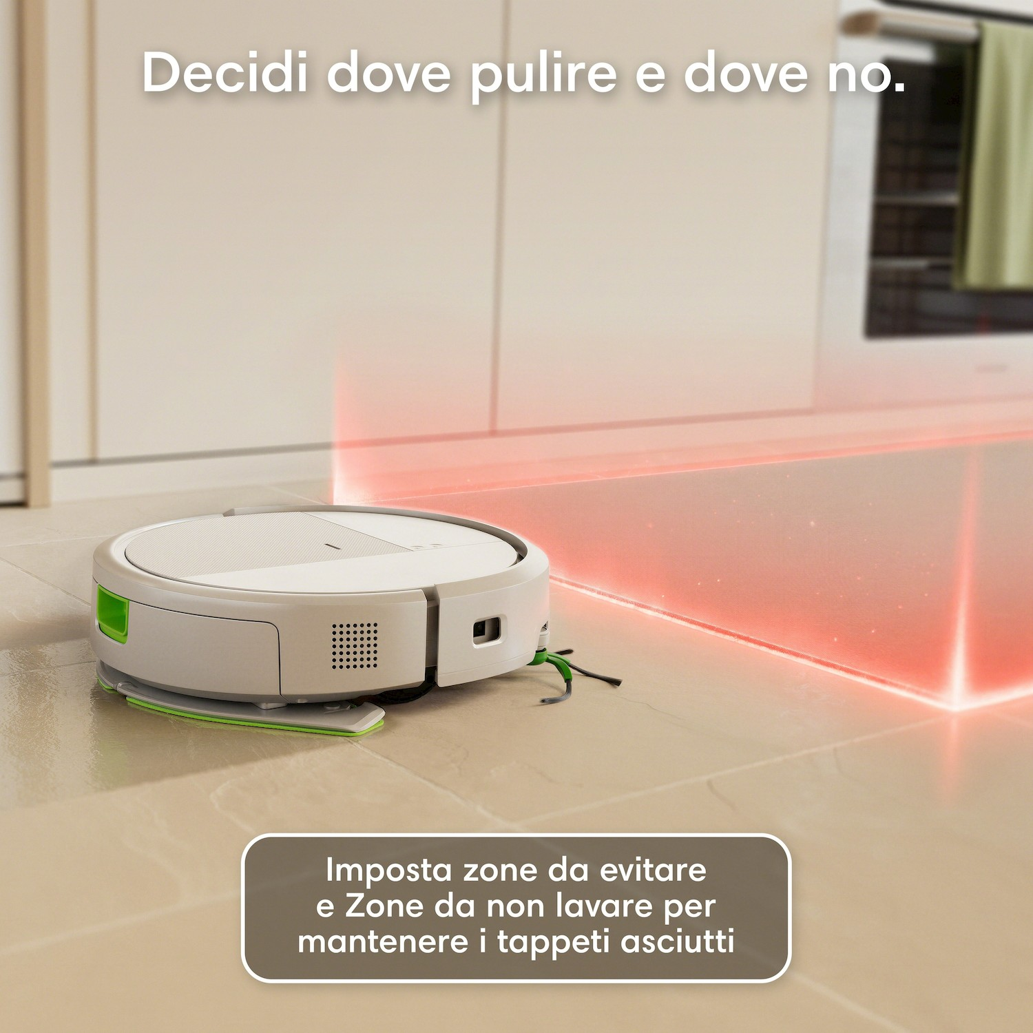 Un robot aspirapolvere pulisce un pavimento, linee rosse delimitano zone.