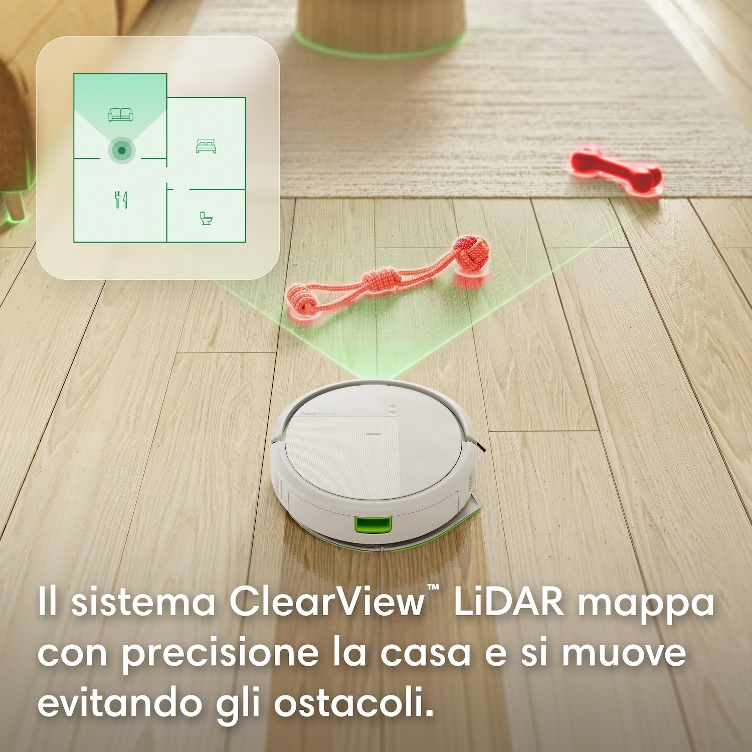 Un robot aspirapolvere bianco mappa con LiDAR, evitando giocattoli rossi e mobili.