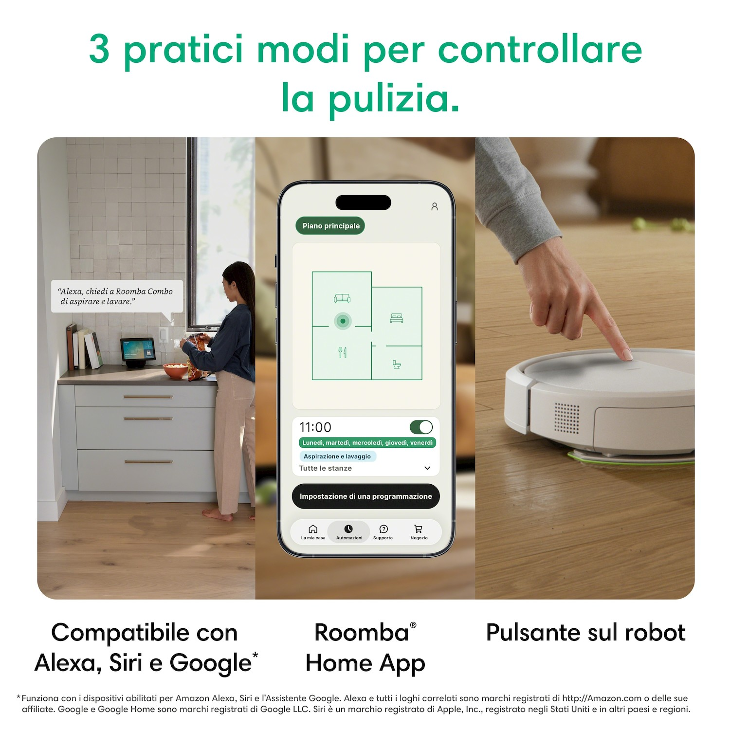 Tre modi per controllare la pulizia: comando vocale, app, pulsante robot.
