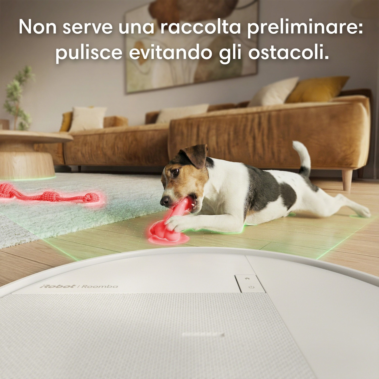 Un cane gioca con un giocattolo rosso su un tappeto vicino a un robot aspirapolvere.