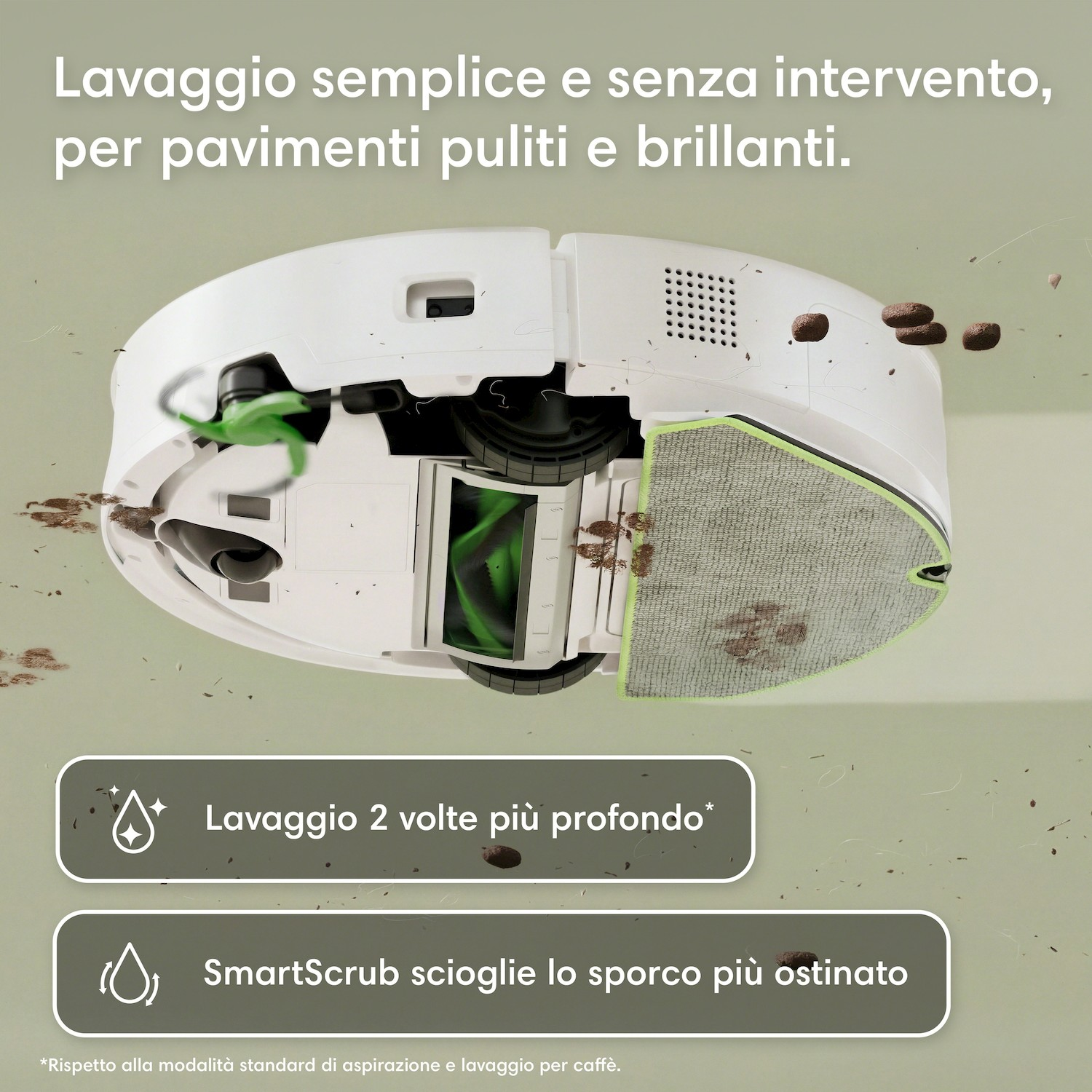 Un robot aspirapolvere bianco con spazzole pulisce un pavimento sporco.