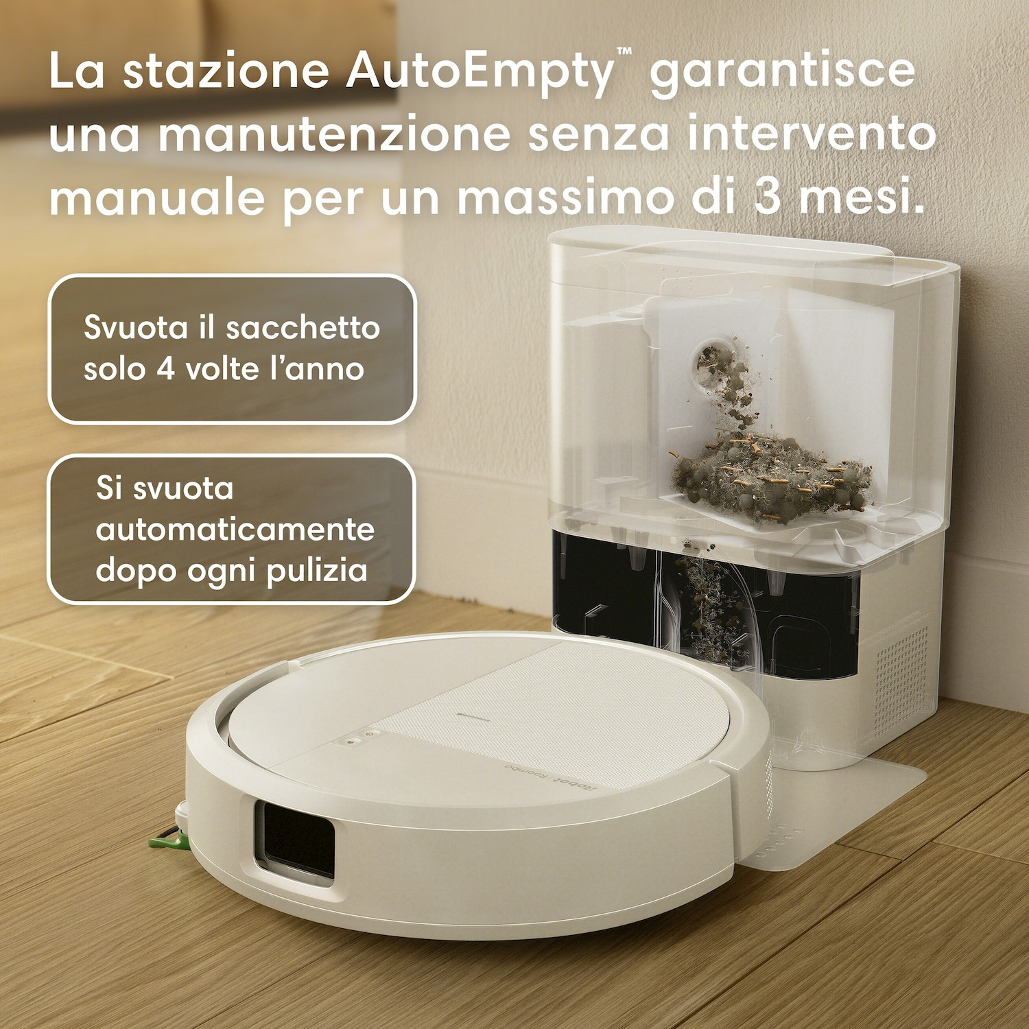Un robot aspirapolvere bianco accanto a una stazione di ricarica vuota con sporco.