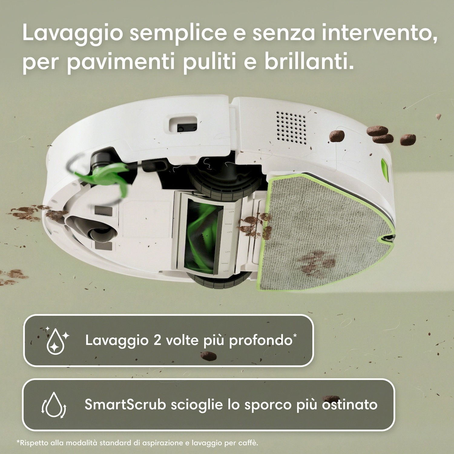 Un robot aspirapolvere bianco pulisce un pavimento sporco con la sua spazzola e il panno.