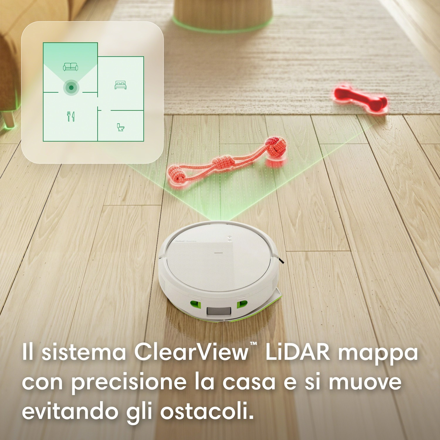 Un robot aspirapolvere mappa con LiDAR, evitando ostacoli. È visibile una planimetria.