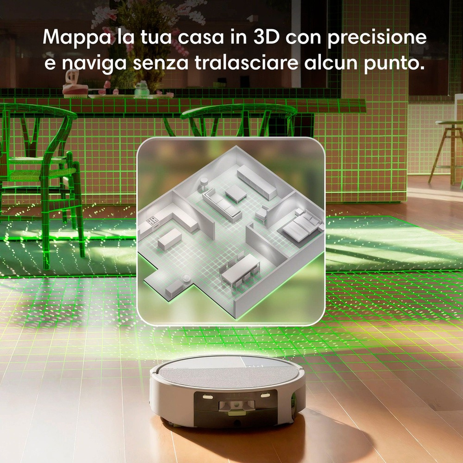 Un robot aspirapolvere crea una mappa 3D di una casa con griglie laser verdi.