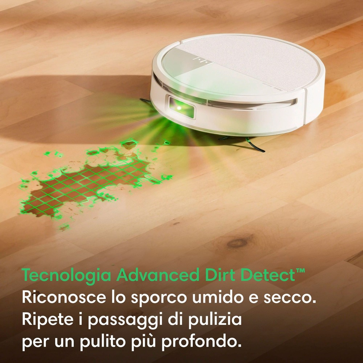 Un robot aspirapolvere bianco pulisce un pavimento in legno con laser verdi che evidenziano lo sporco.