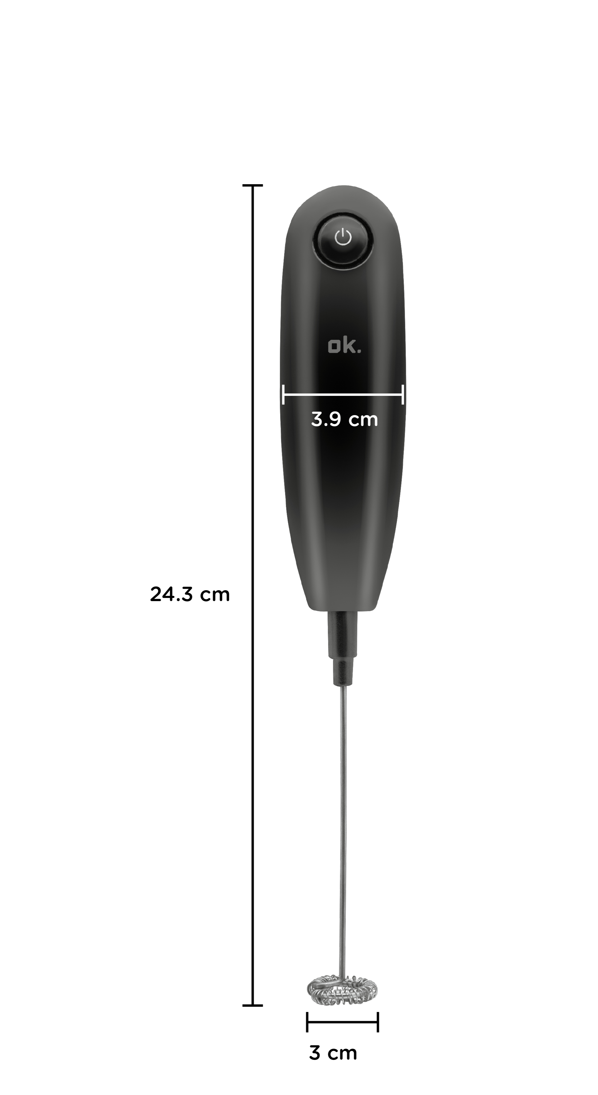 Schwarzer Milchaufschäumer mit silbernem Quirl. Maße: 24,3 cm H, 3,9 cm B, 3 cm Ø.