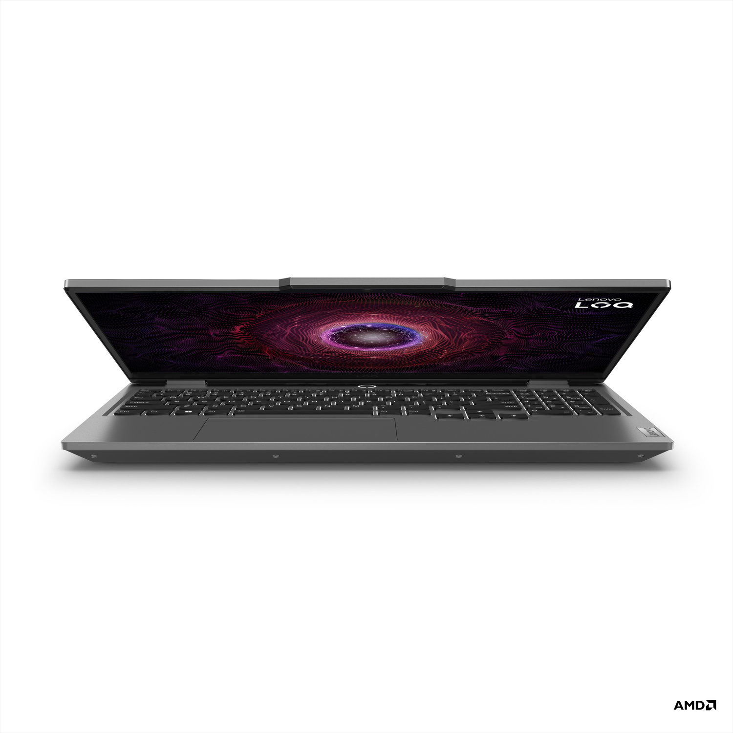 Un laptop grigio aperto che visualizza uno sfondo a tema cosmico sullo schermo.