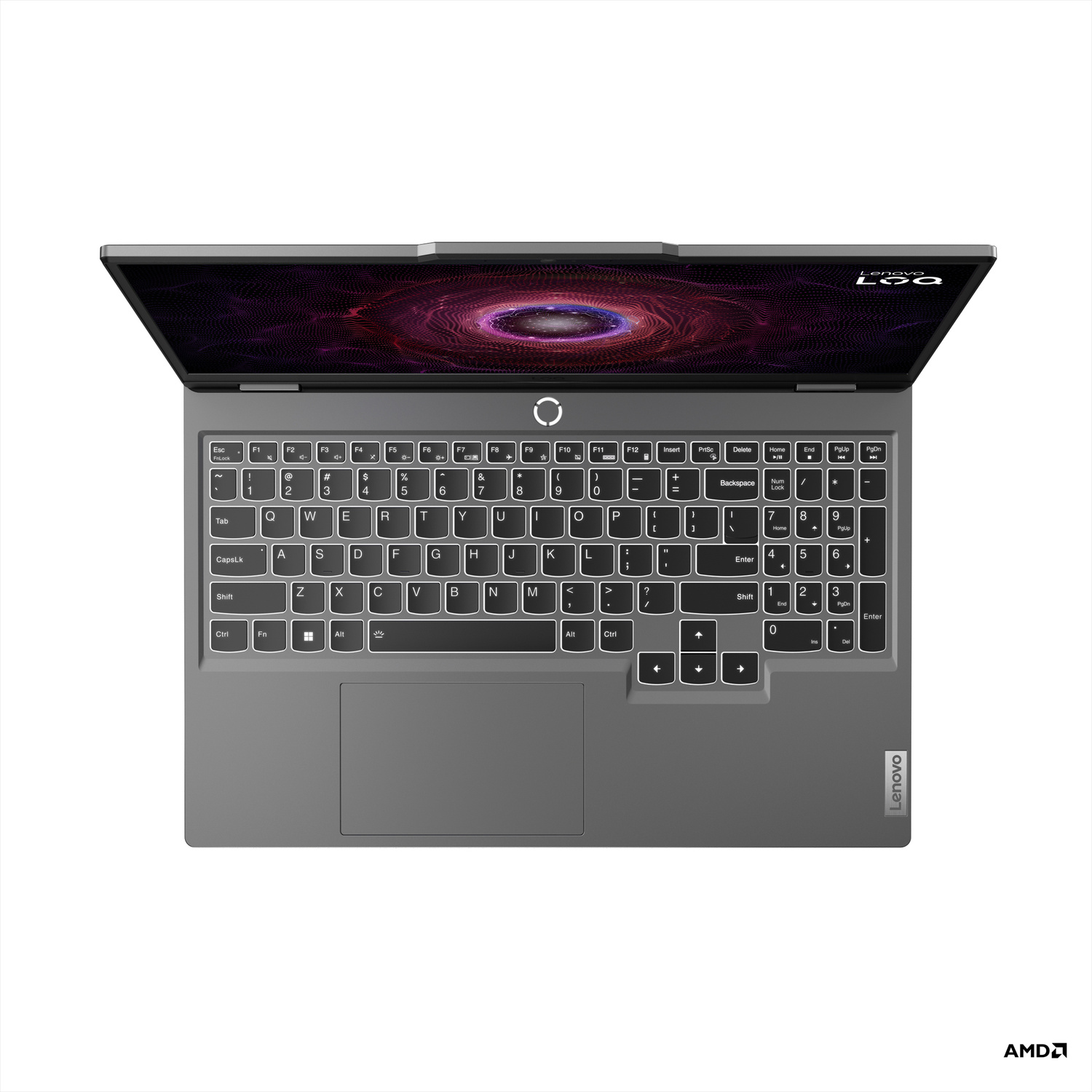 Vista dall'alto di un laptop Lenovo grigio aperto con schermo astratto colorato e tastiera visibile.