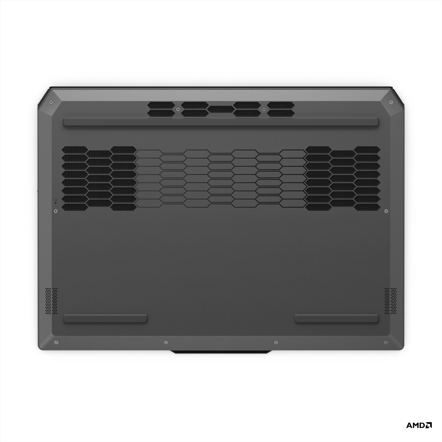 Parte inferiore di un laptop grigio con prese d'aria e logo AMD.