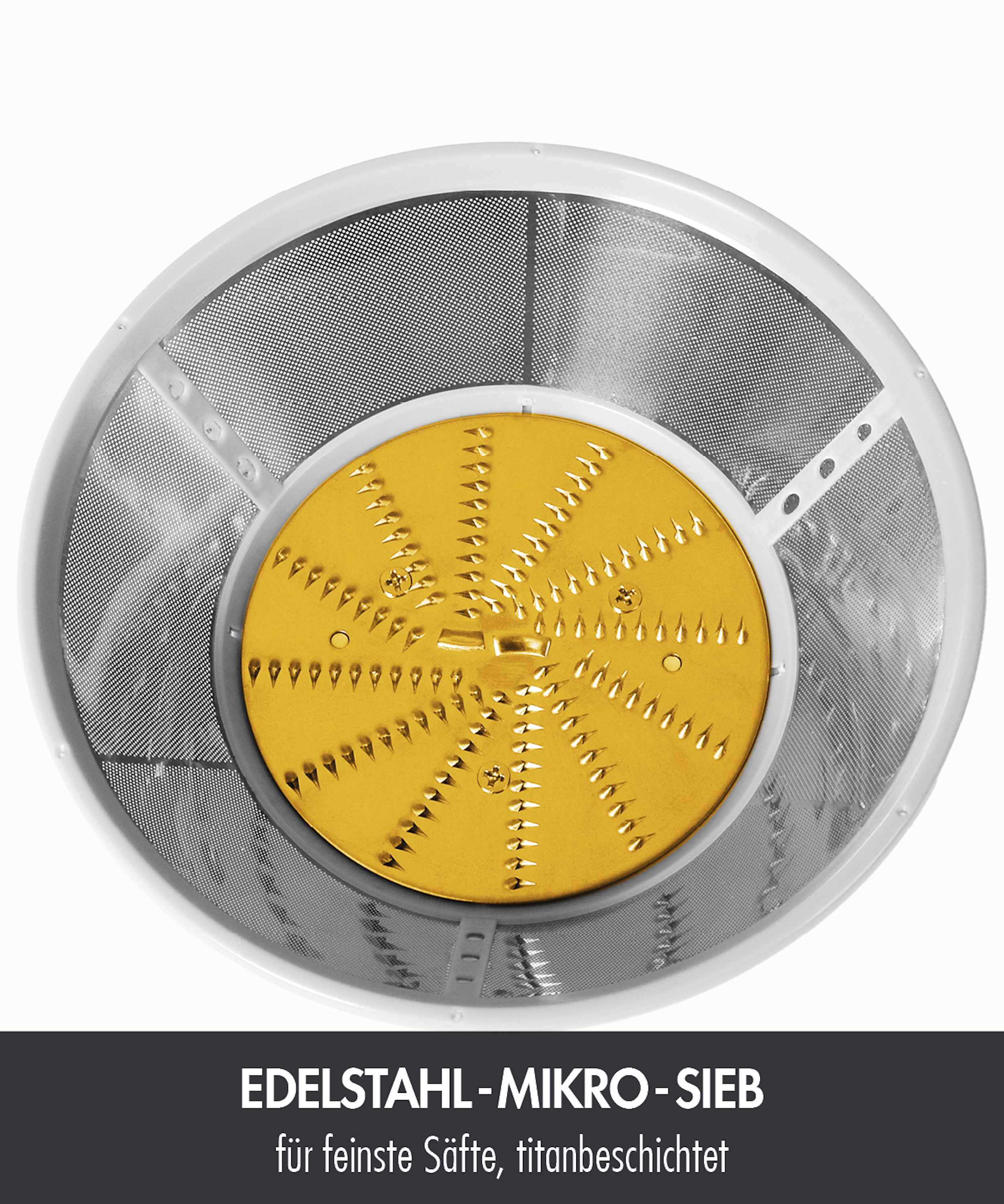 Edelstahl-Mikrosieb mit gelber Schneidplatte und feinen Zähnen.