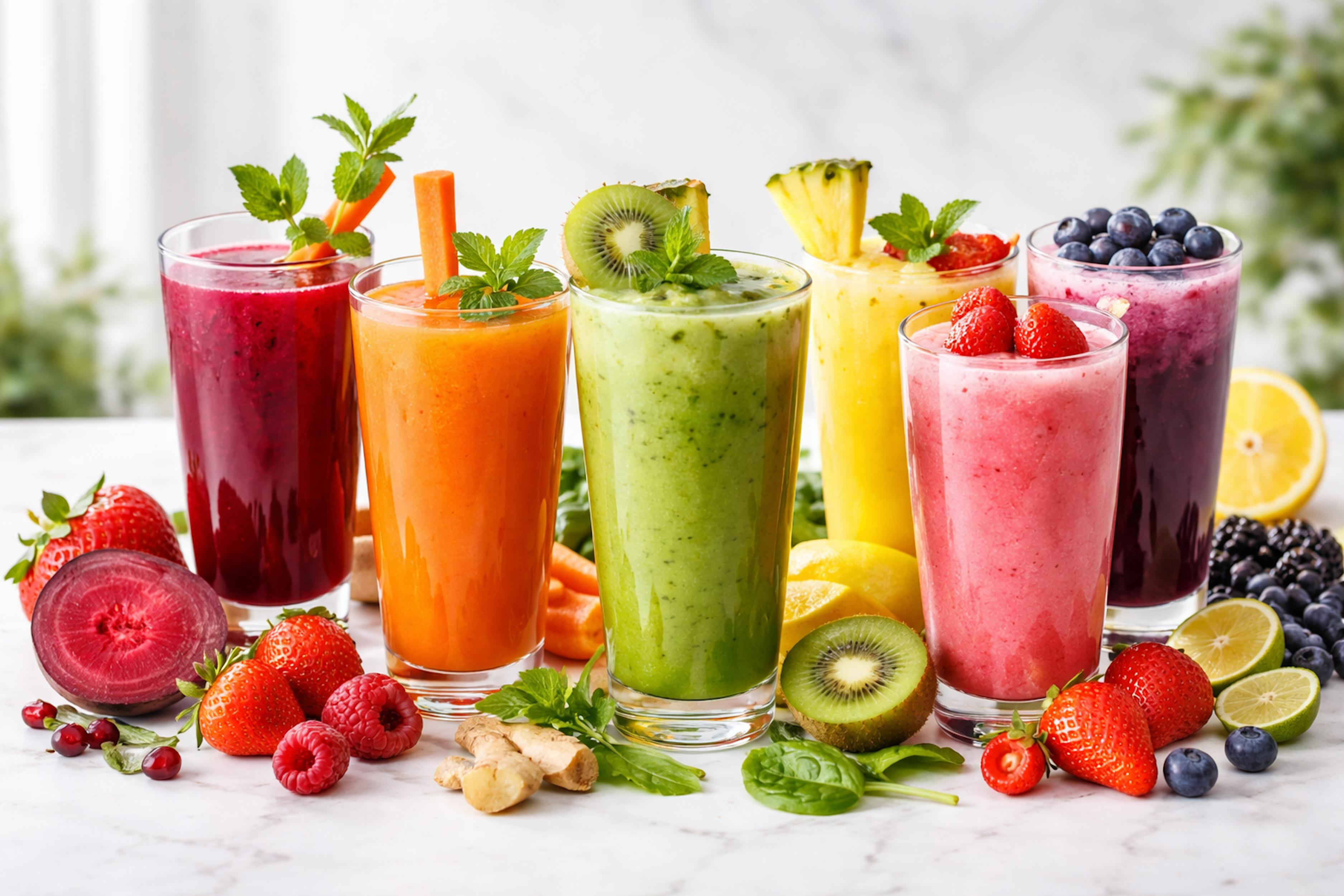 Reihe bunter Smoothies mit Obst und Grünzeug. Vorne: Rote Bete, Erdbeere, Himbeere.
