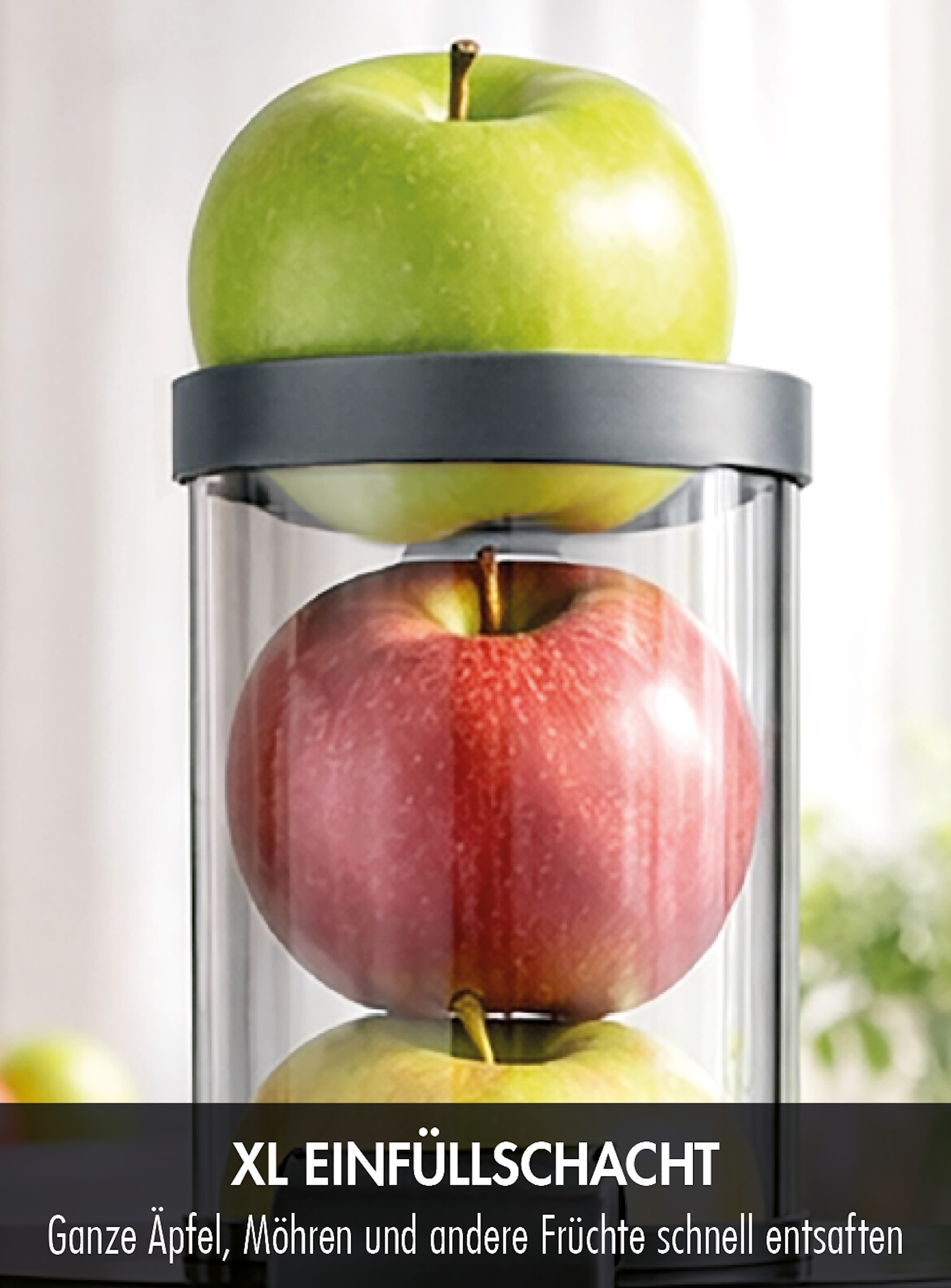 Grüner und roter Apfel in einem transparenten Behälter.