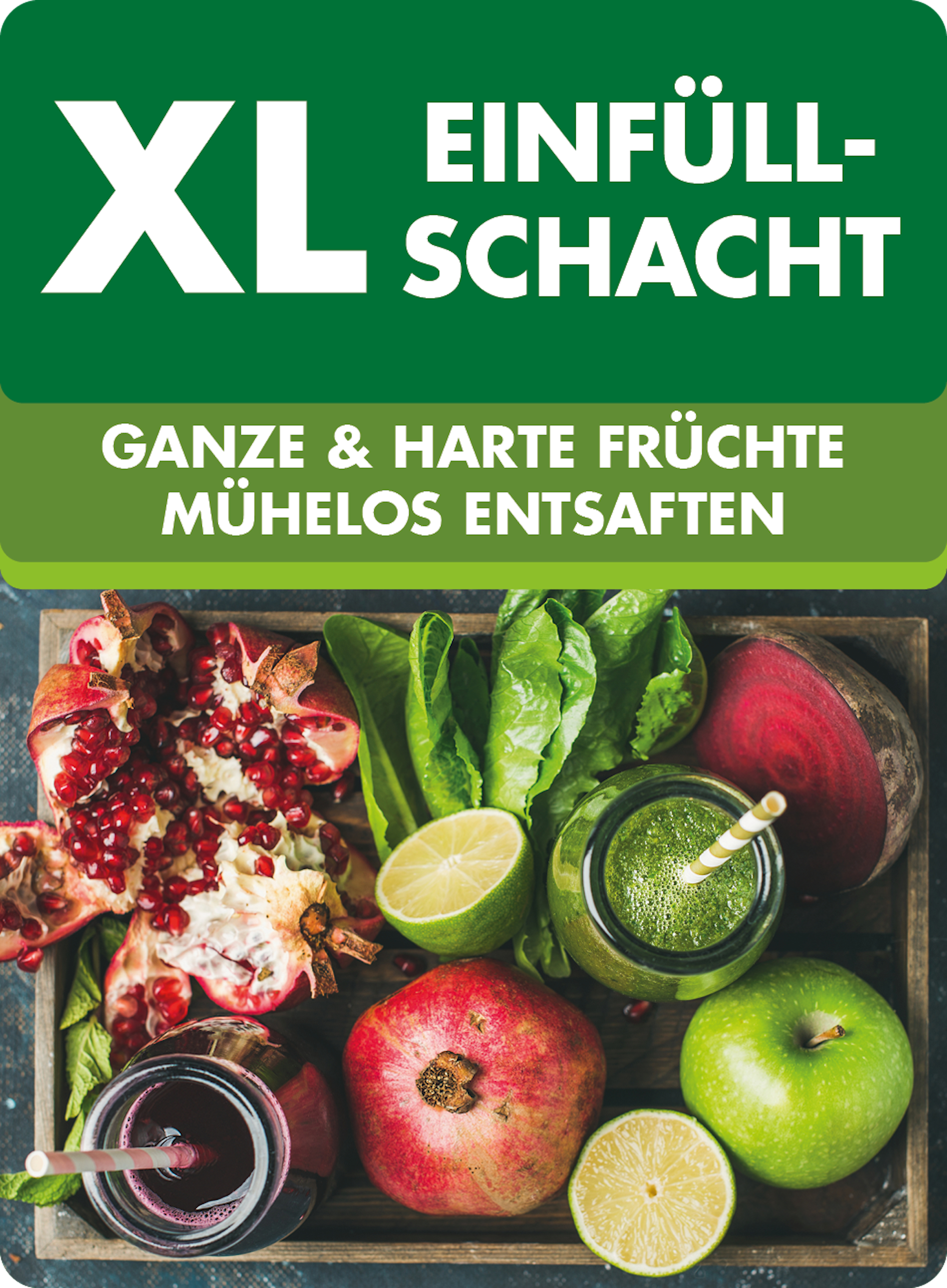 XL Einfüllschacht mit Früchten und Saft. Ganze Früchte und grüner Saft.