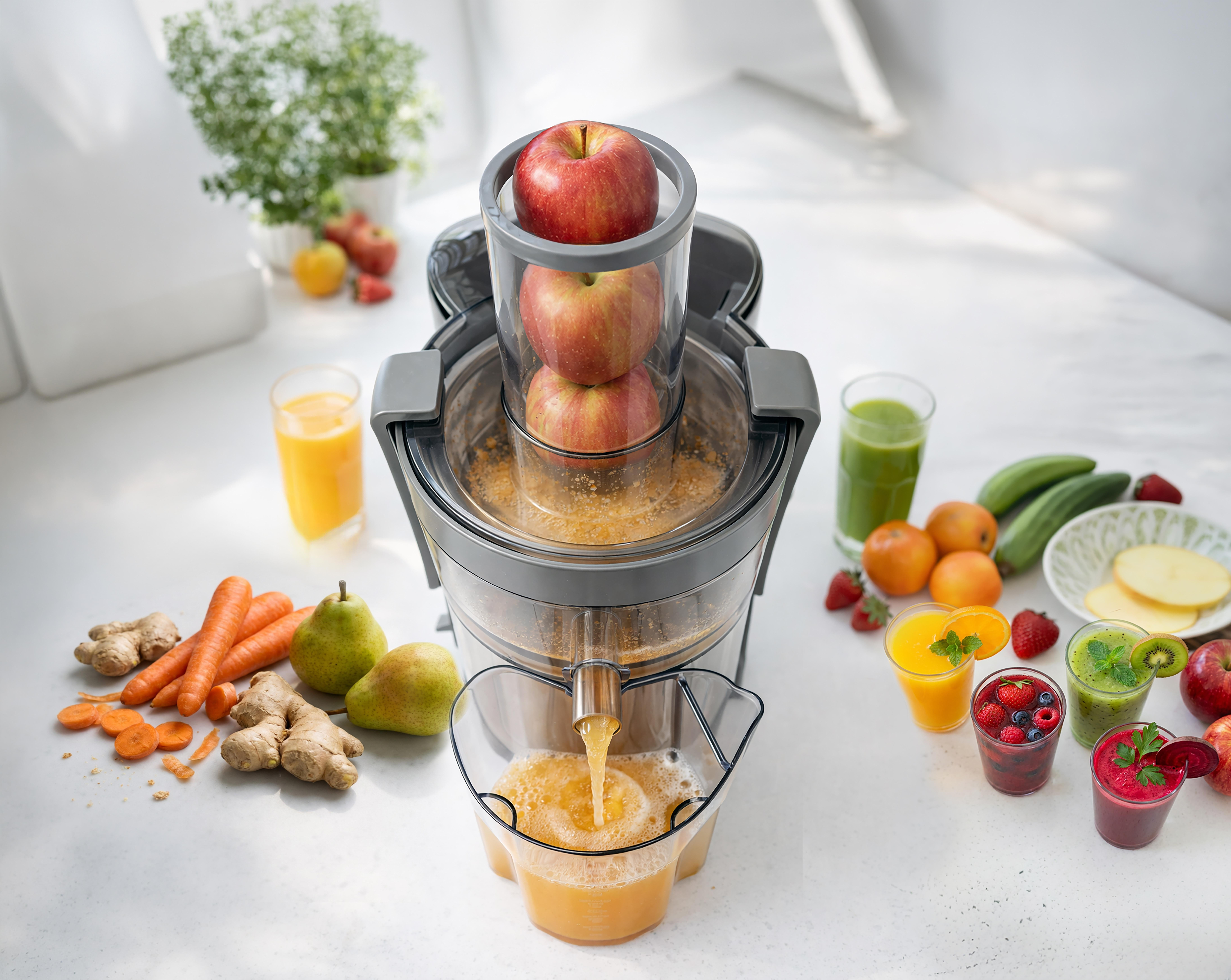 Entsafter mit Äpfeln und frischem Saft im Behälter, daneben Obst und Gemüse.