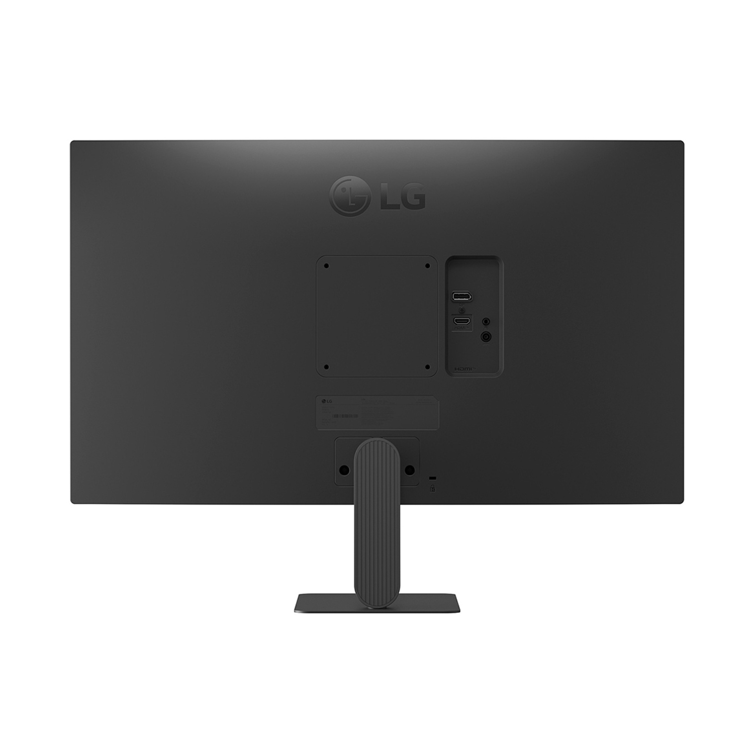 Retro di un monitor LG nero con porte e supporto.