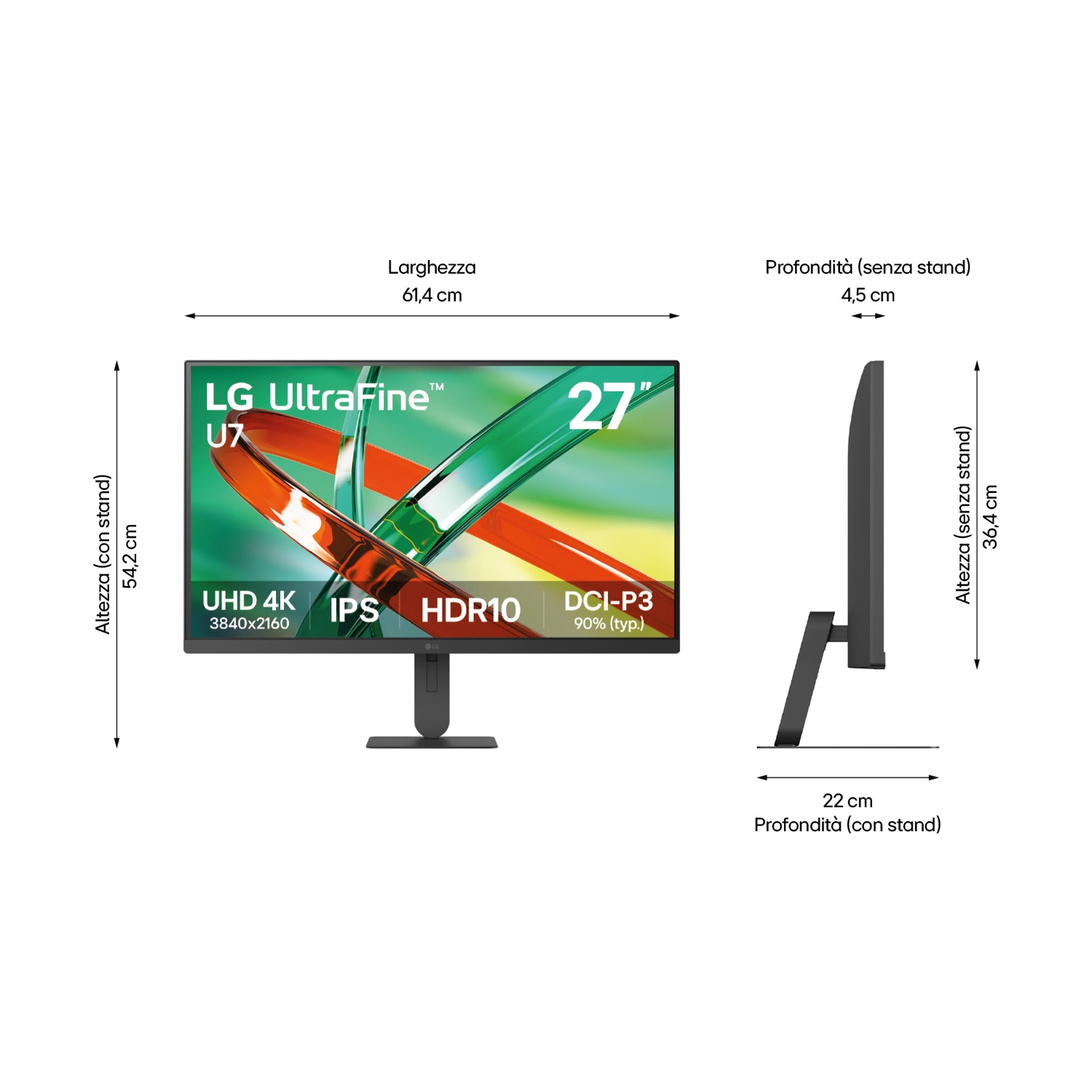 Monitor LG UltraFine 27" UHD 4K, IPS, HDR10. Dimensioni indicate.