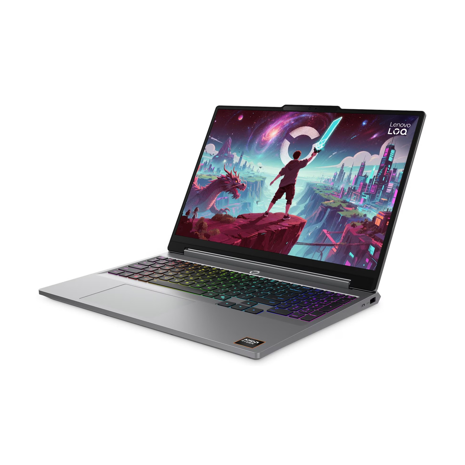 Un laptop grigio aperto con tastiera retroilluminata e arte fantasy sullo schermo.