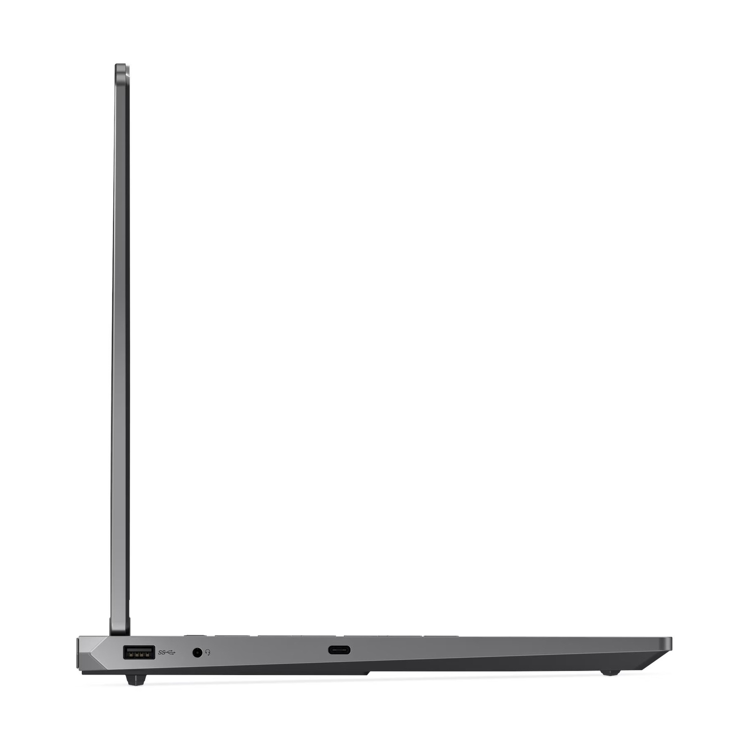 Vista laterale di un laptop grigio che mostra porte come USB e jack per cuffie.