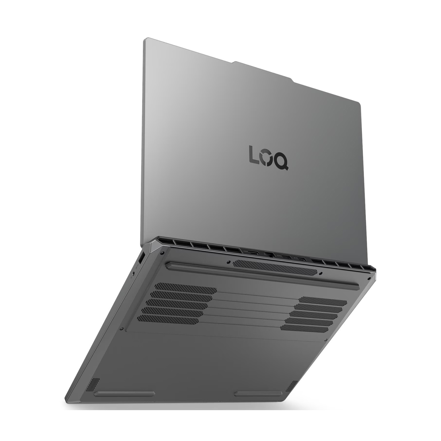 Un laptop grigio chiuso con il logo LQO sul coperchio.