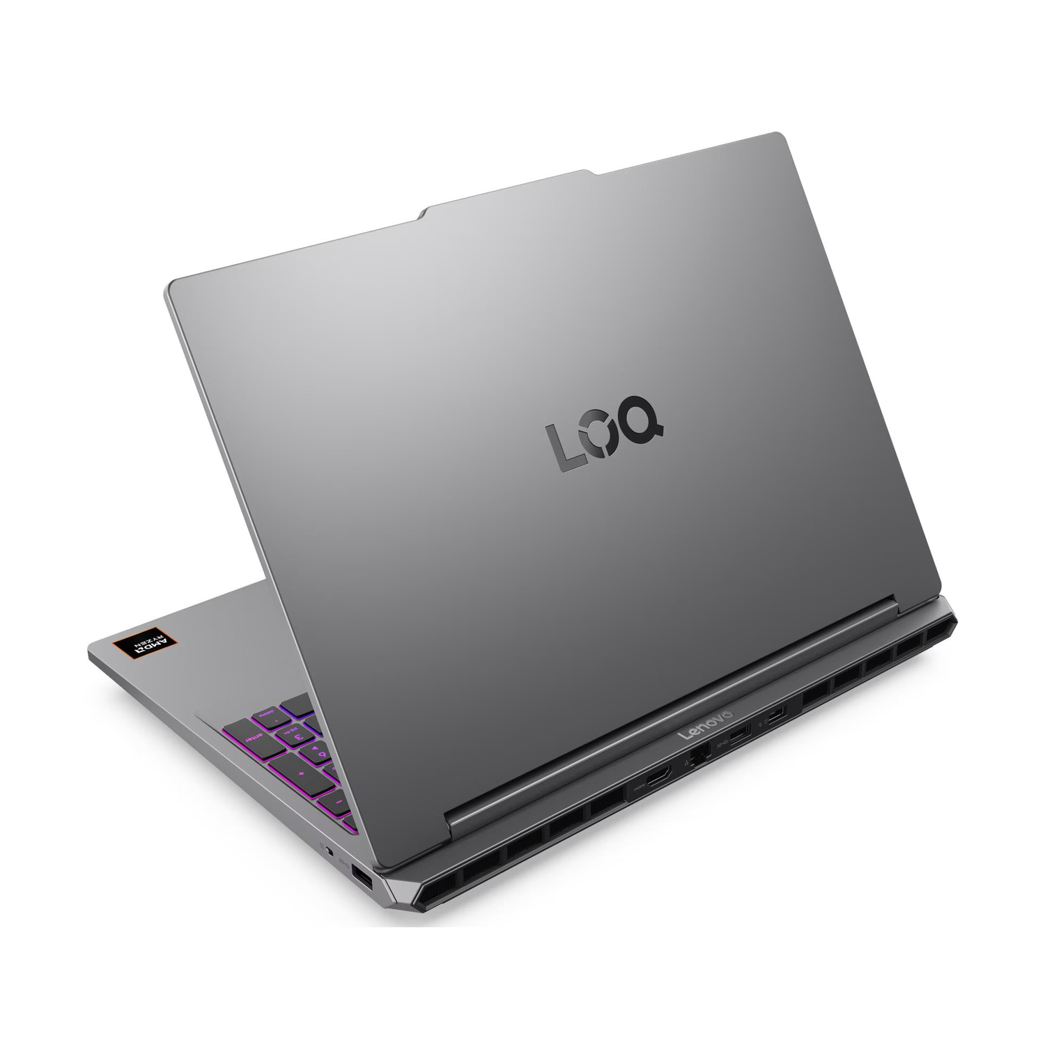 Laptop grigio con logo LOQ e tastiera retroilluminata, su sfondo bianco.