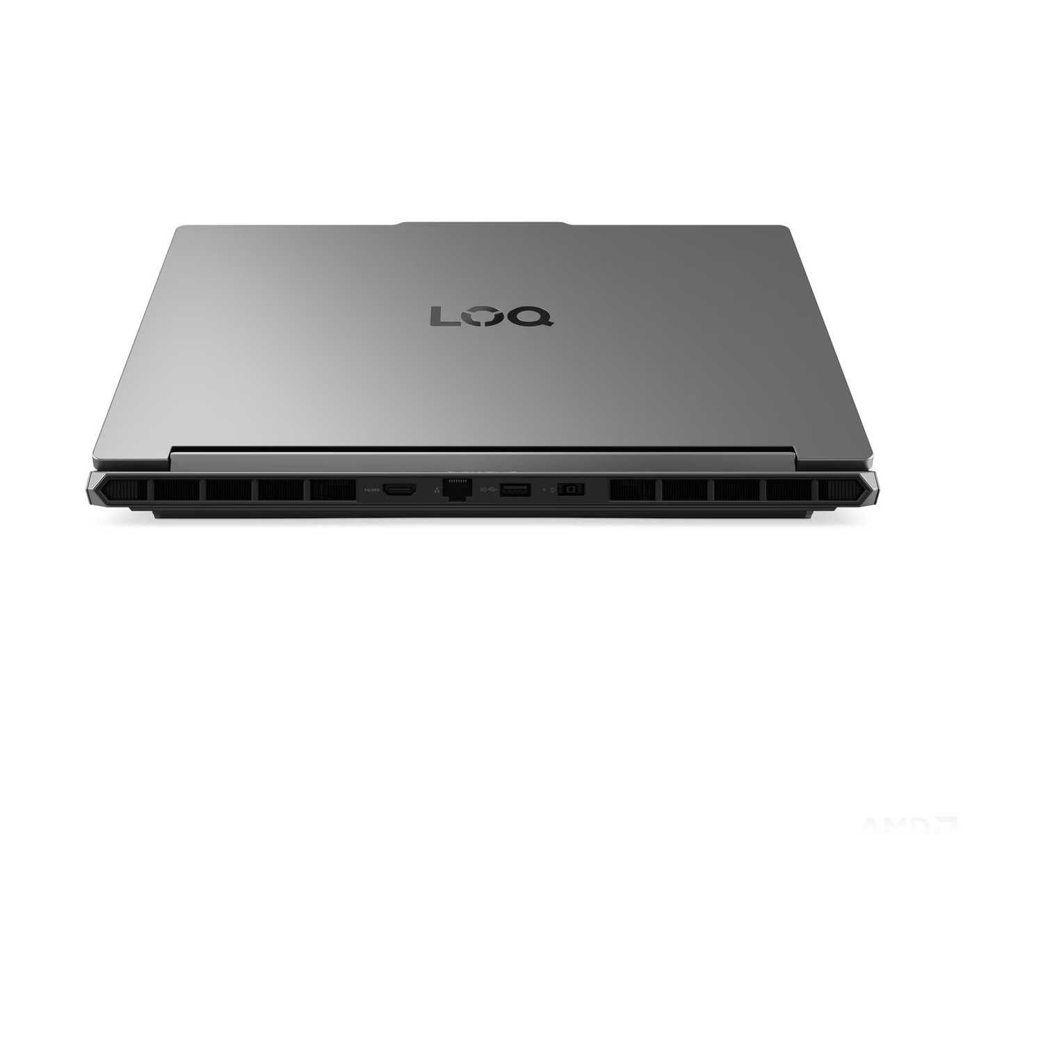 Laptop grigio con logo "LOQ", porte laterali e fessure di ventilazione.